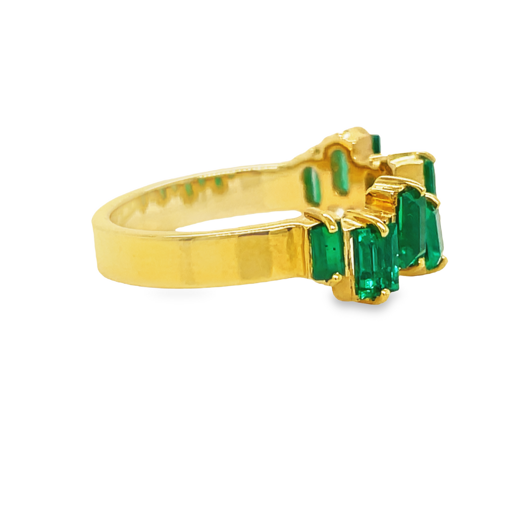 This Colombian Emerald Baguette Zig Zag Ring is a unique piece of jewelry craftsmanship, custom-made to commemorate the 40th anniversary of our company logo. Featuring 2.00 cts of high-quality emeralds mined from Colombia's Muzo Mines, this ring is a luxurious and eye-catching statement piece.