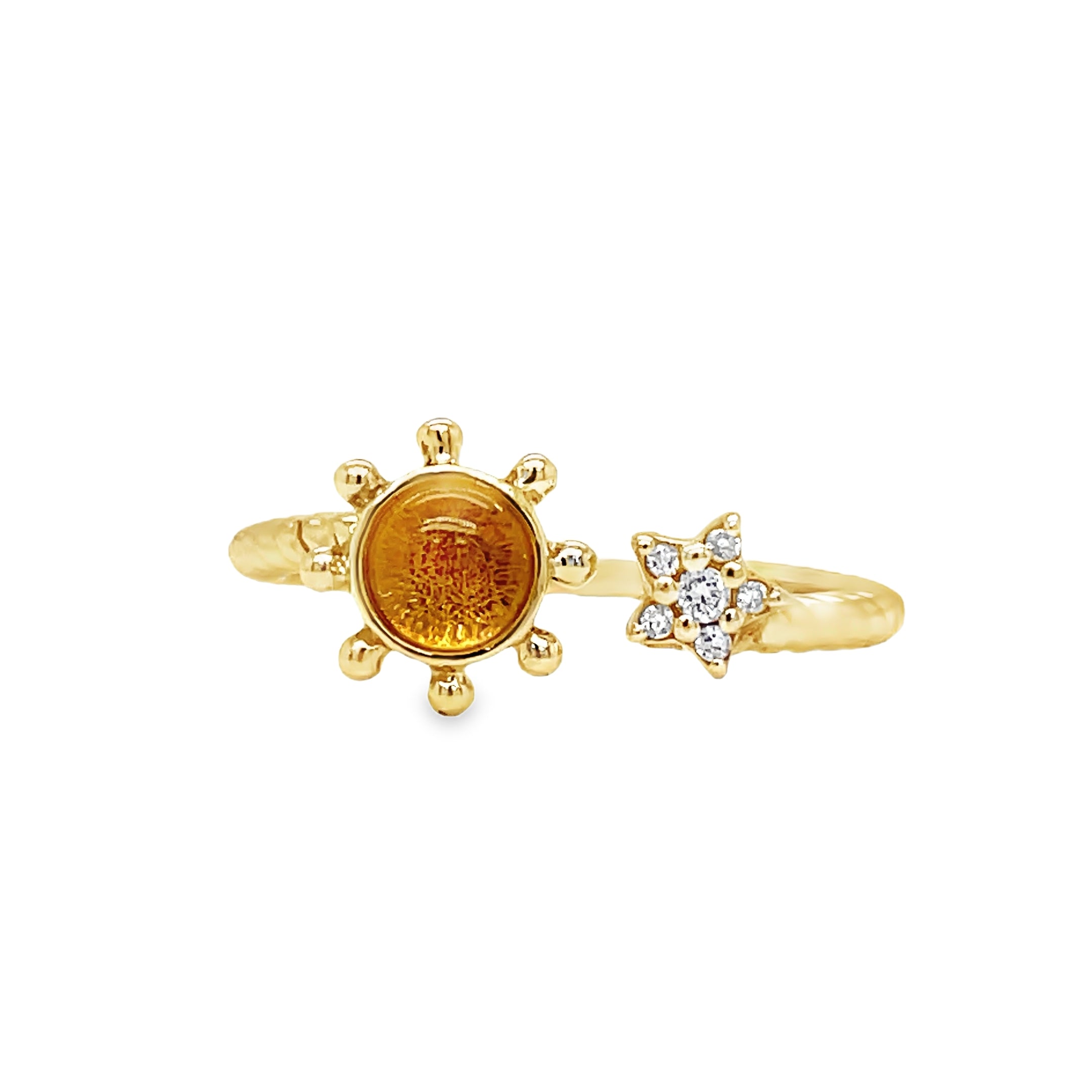 Indulge in luxury with our Yellow Gold Citrine Sun and Diamond Star Open Ring. Crafted with 14k yellow gold, a stunning citrine cabochon, and sparkling round diamonds, this open ring exudes elegance and sophistication. Perfect for adding a touch of glamour to any outfit.