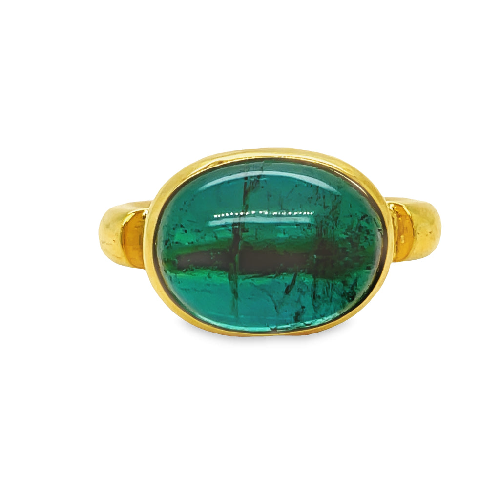 Greenish Blue Cabochon Tourmaline Chunky Gold Ring