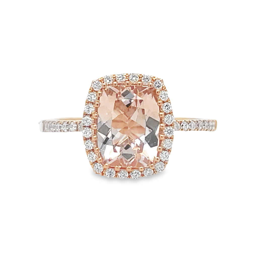 Make an unforgettable statement with this exquisite Morganite Diamond Halo Ring. Featuring a beautifully radiant 1.71ct square Morganite surrounded by dazzling round diamonds 0.23 cts and stunning 14k rose gold, it's sure to make every moment shine with sophistication and grace.   