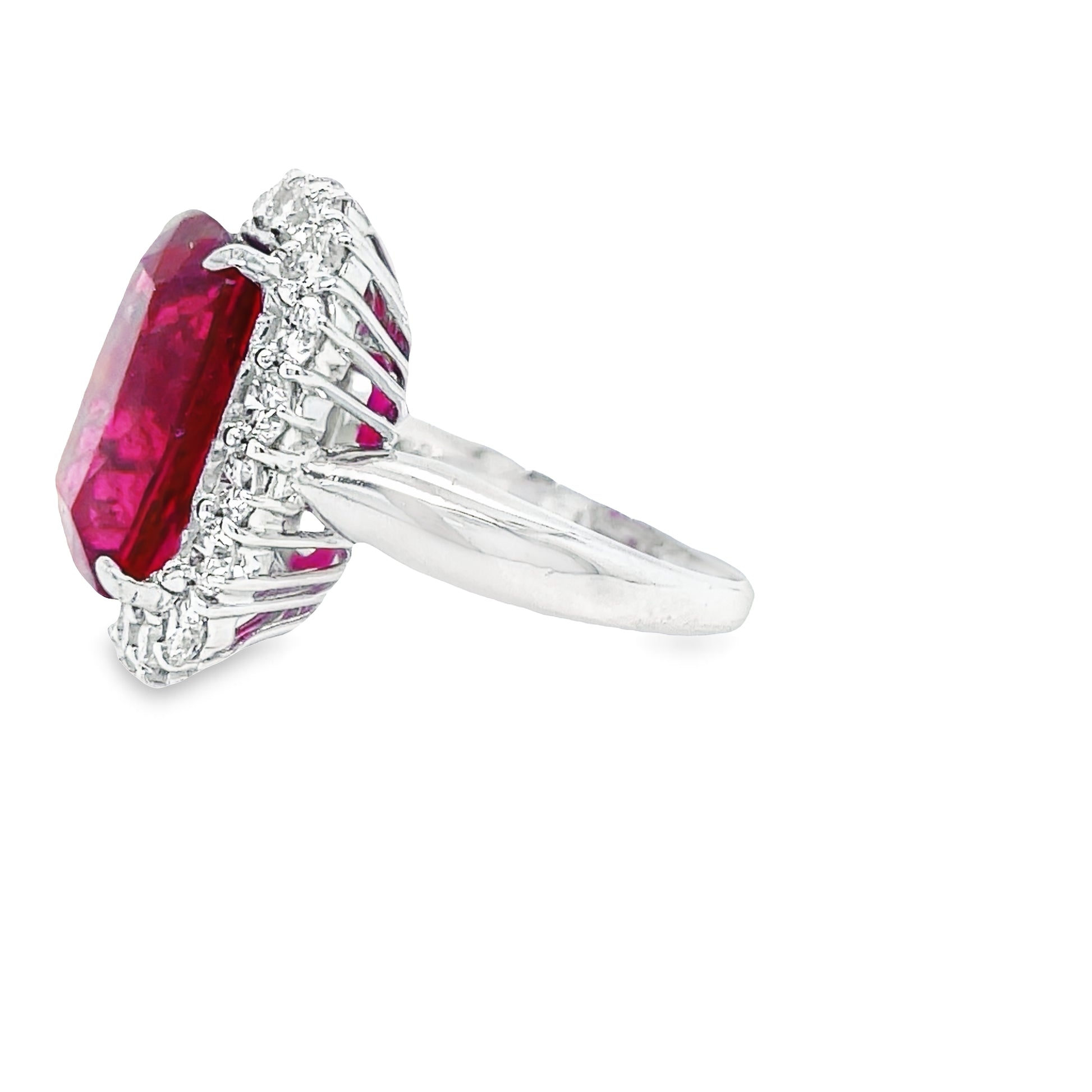 Stunning Modified Radiant Cut Rubilite & Diamond Cocktail Ring Profile View