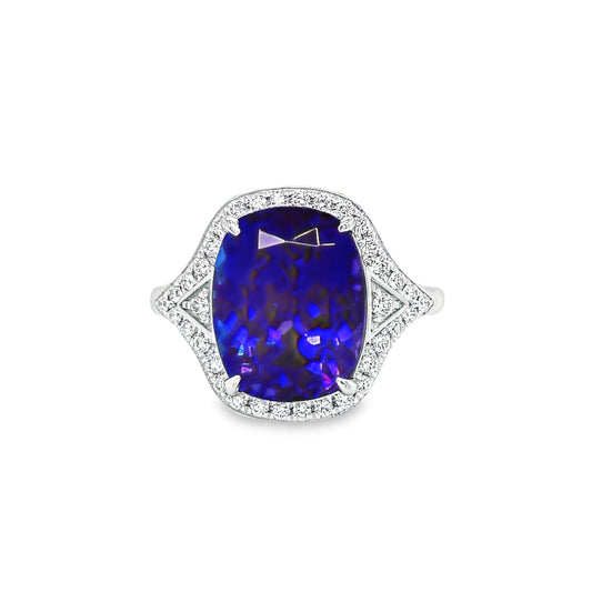 Stunning Modified Radiant Cut Tanzanite & Diamond Cocktail Ring Front view 