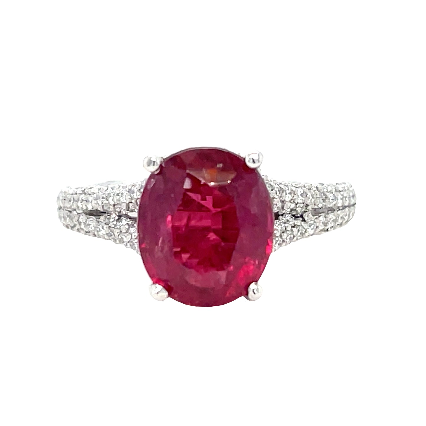 Oval Burmese Ruby and Diamond Ring 2.58 cts Front view 
