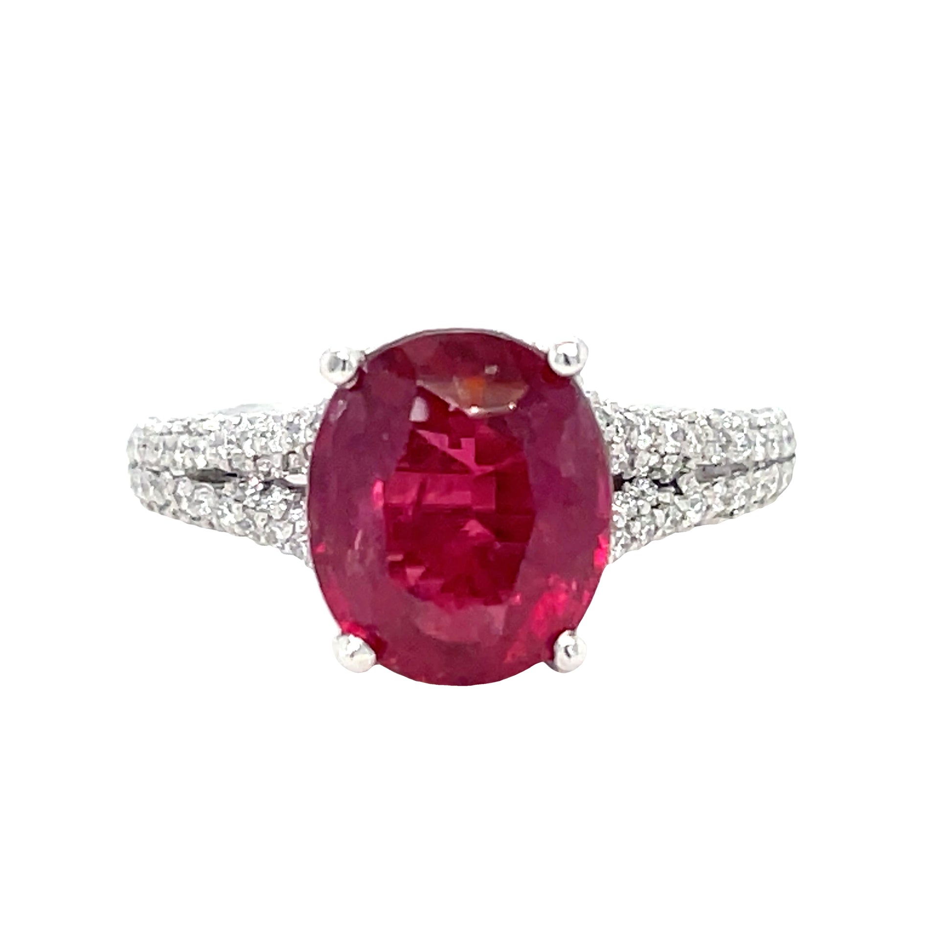 Oval Burmese Ruby and Diamond Ring 2.58 cts Front view 