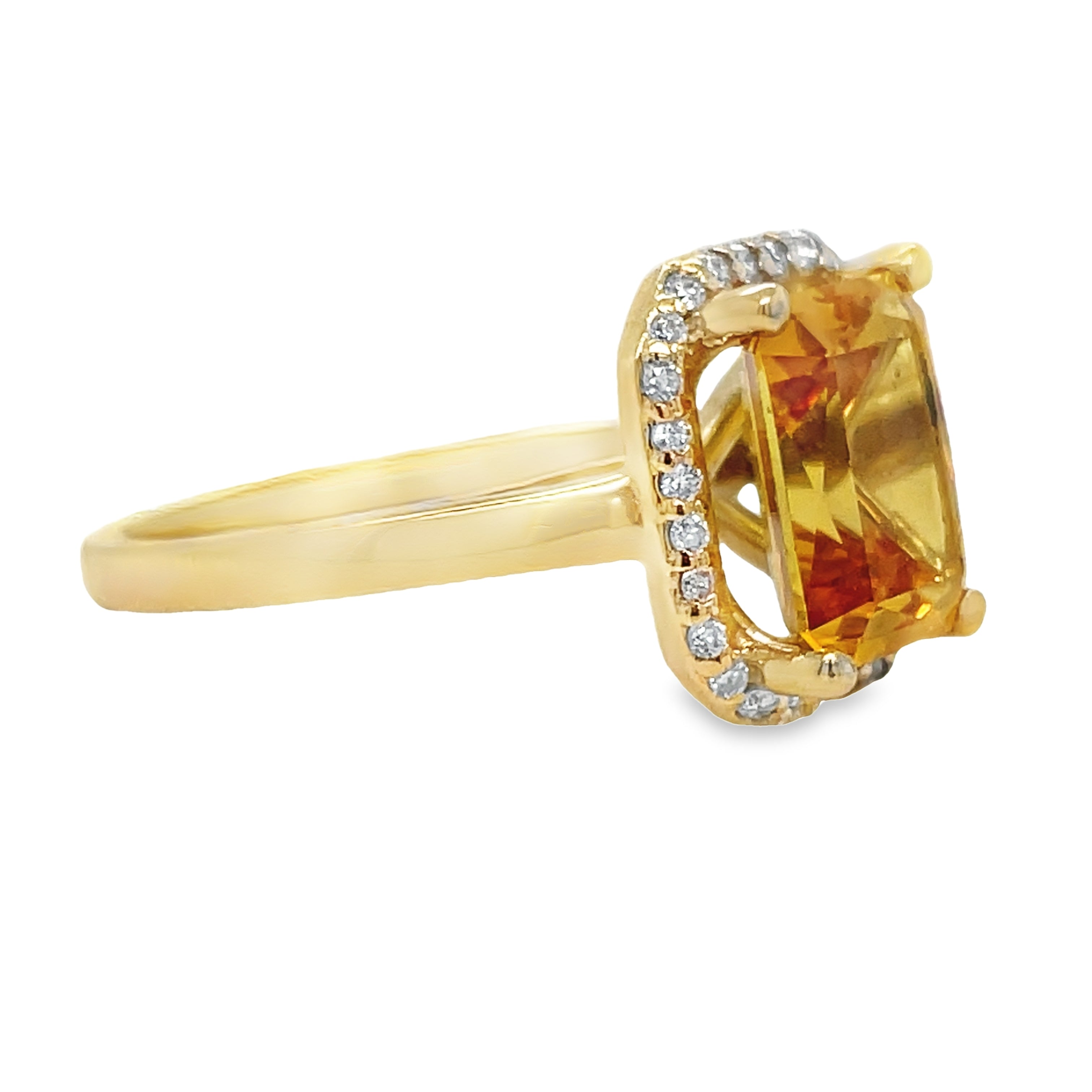 Elegant cathedral-style ring crafted from 14k yellow gold with a square citrine and diamond bezel, featuring 0.25 cts of round diamonds. Perfect for adding a touch of sophistication to any outfit.