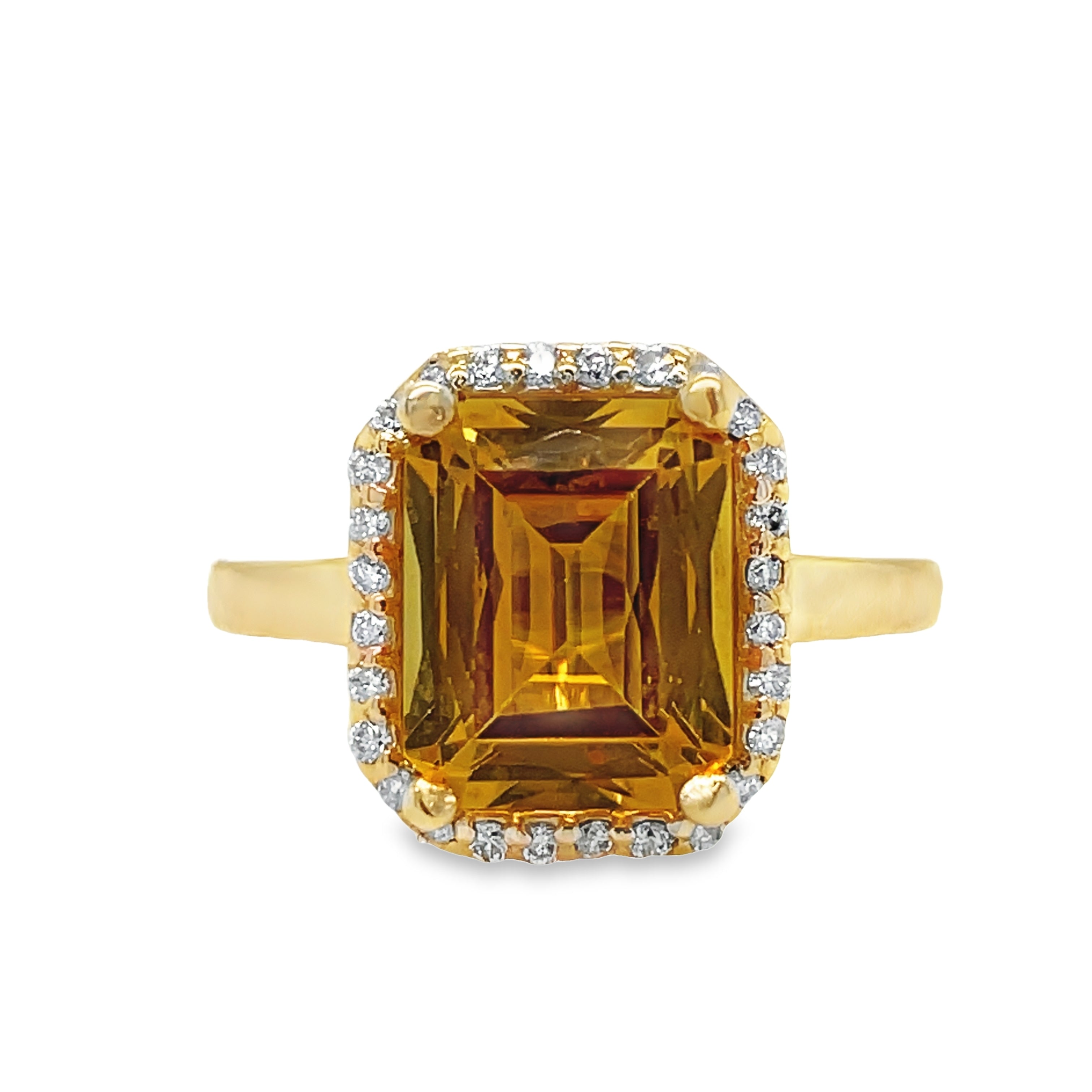 Elegant cathedral-style ring crafted from 14k yellow gold with a square citrine and diamond bezel, featuring 0.25 cts of round diamonds. Perfect for adding a touch of sophistication to any outfit.