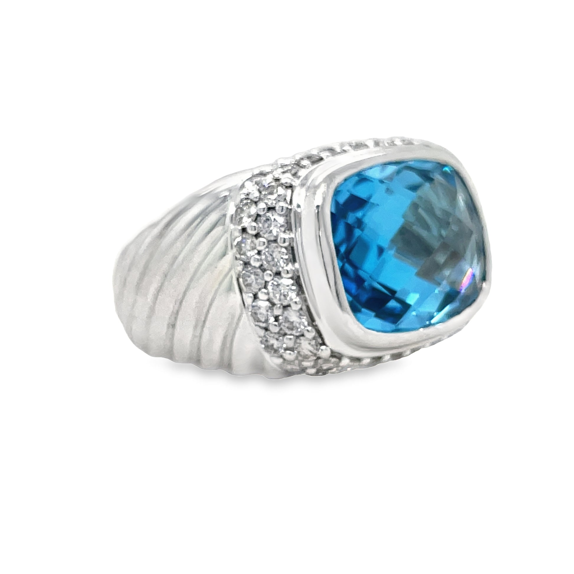 Side view of Estate Jewelry Sterling Silver David Yurman Diamond Blue Topaz Chunky Ring