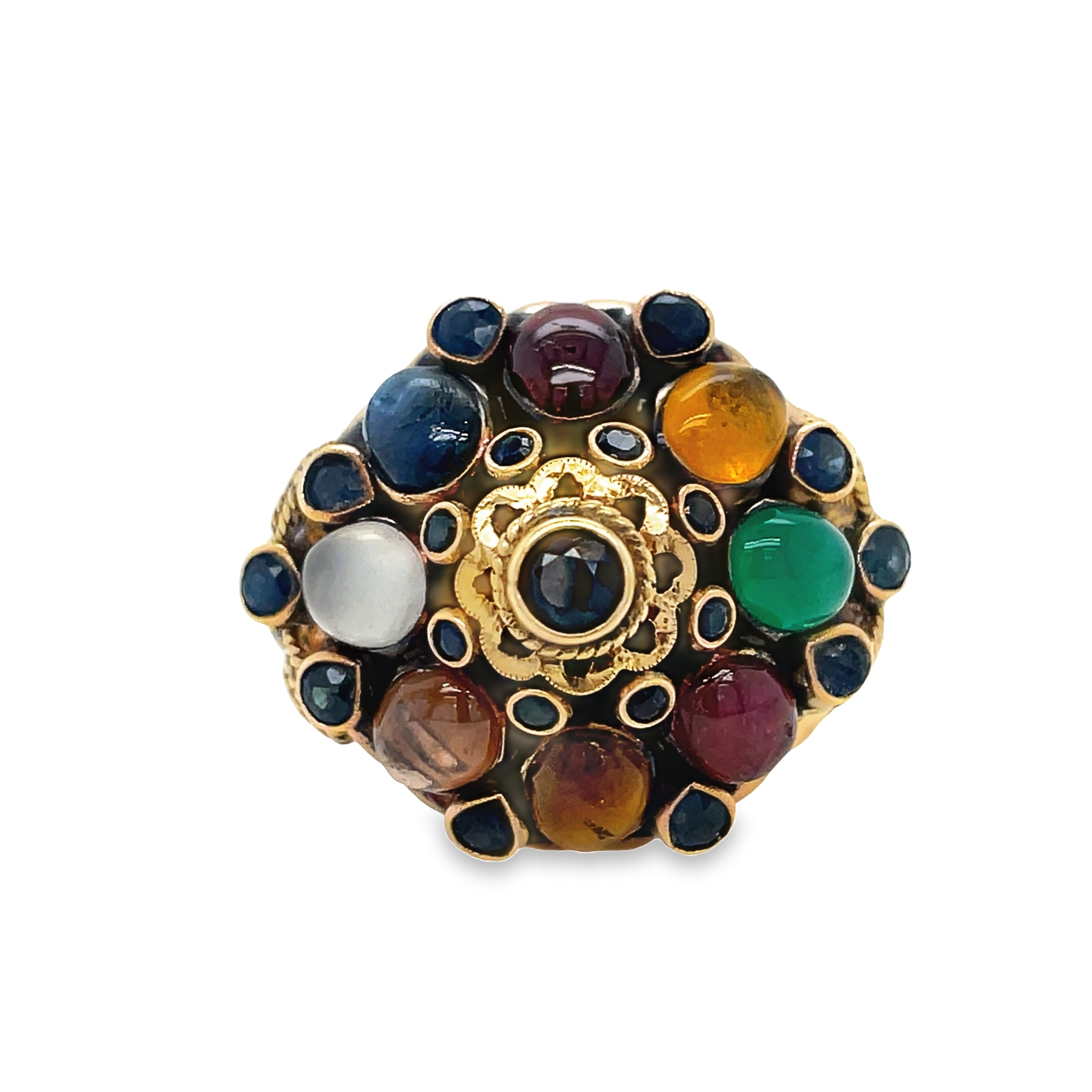 Discover a stunning blend of vintage style and luxury with our Color Stone Cluster Ring. Crafted with a mix of cabochon sapphires, emeralds and rubies, set in 14k yellow gold, this ring offers a one-of-a-kind look. Available in size 6.5.
