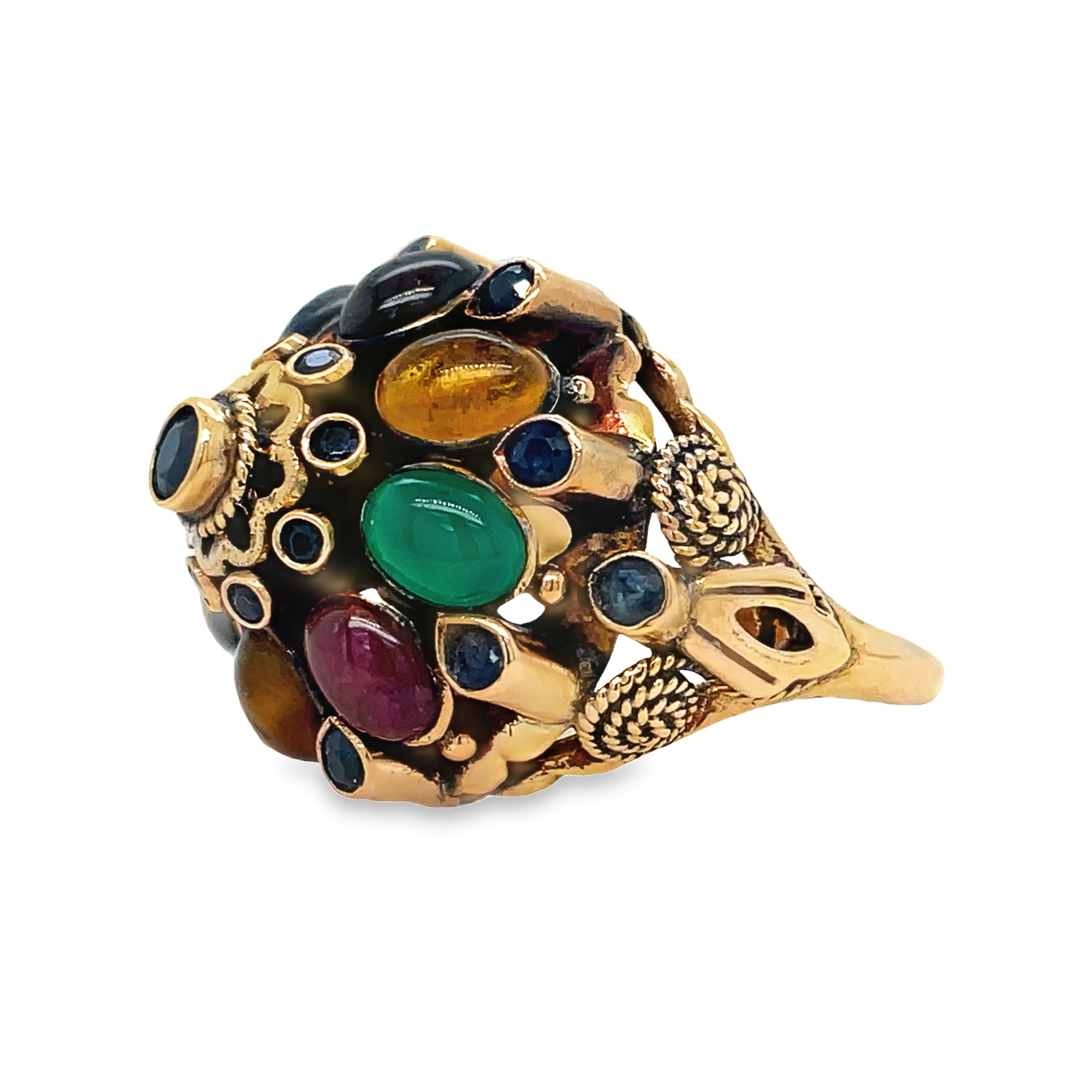 Discover a stunning blend of vintage style and luxury with our Color Stone Cluster Ring. Crafted with a mix of cabochon sapphires, emeralds and rubies, set in 14k yellow gold, this ring offers a one-of-a-kind look. Available in size 6.5.