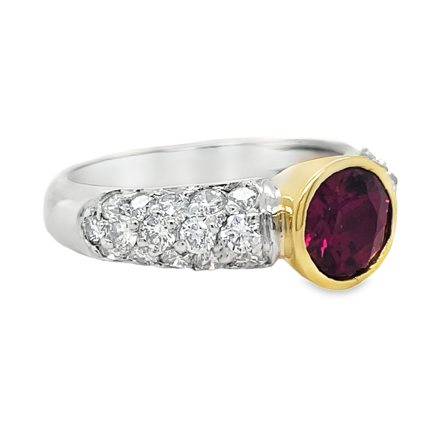 Two Tone Bezel Set Rhodolite Diamond Ring Side niew