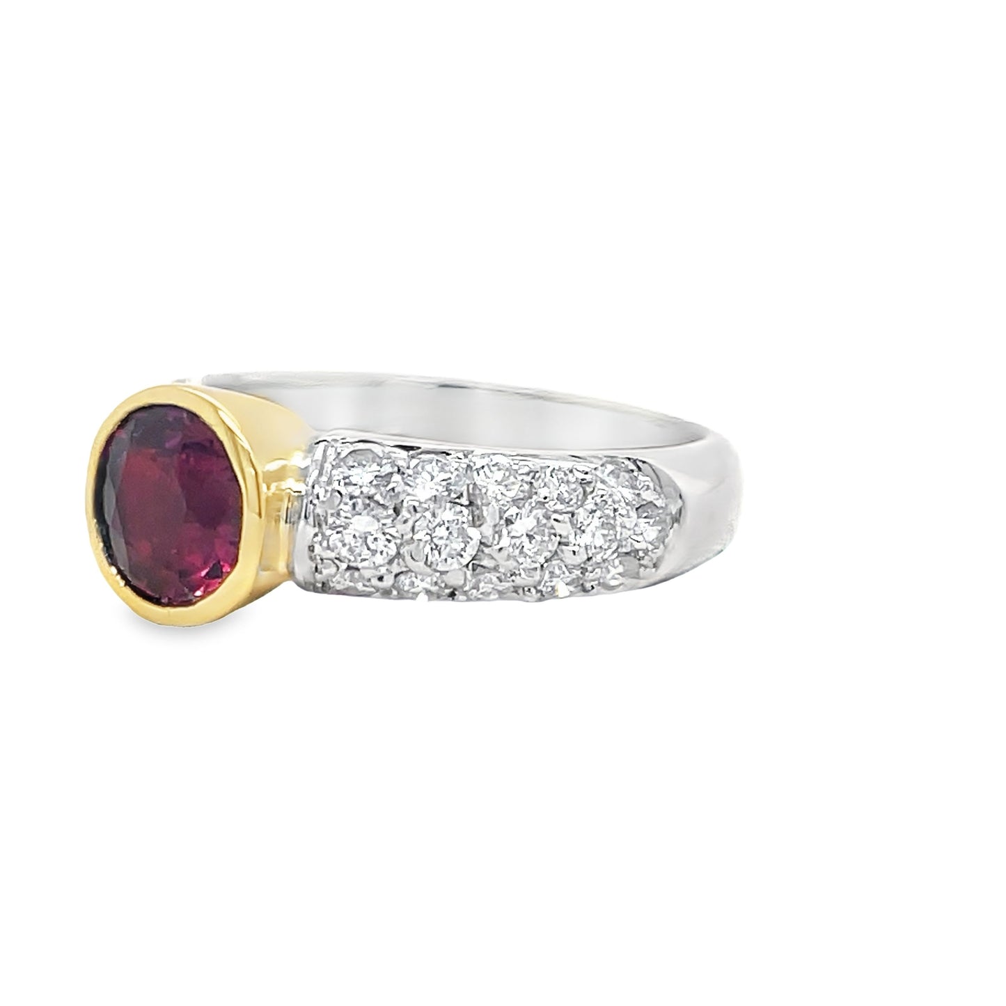 Two Tone Bezel Set Rhodolite Diamond Ring Side view