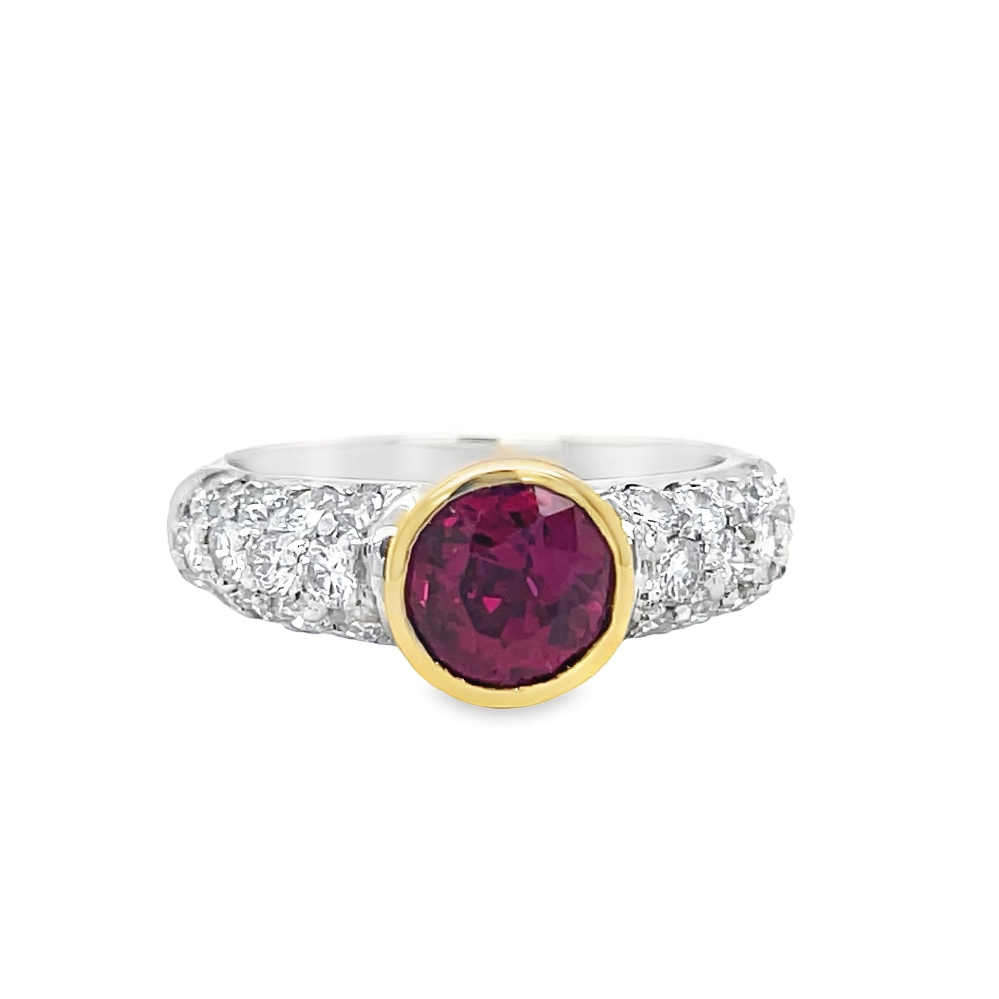 Two Tone Bezel Set Rhodolite Diamond Ring Front view