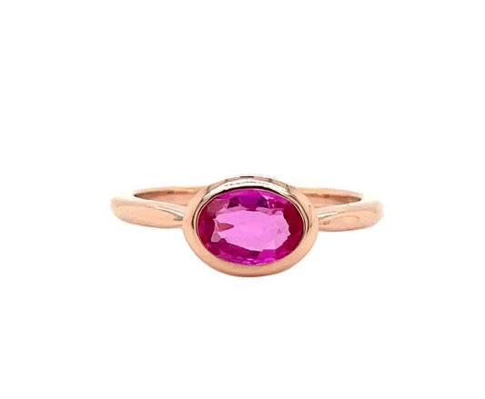 Front view of 14k Rose Gold Pink Ceylon Oval Sapphire Ring 1.03 cts