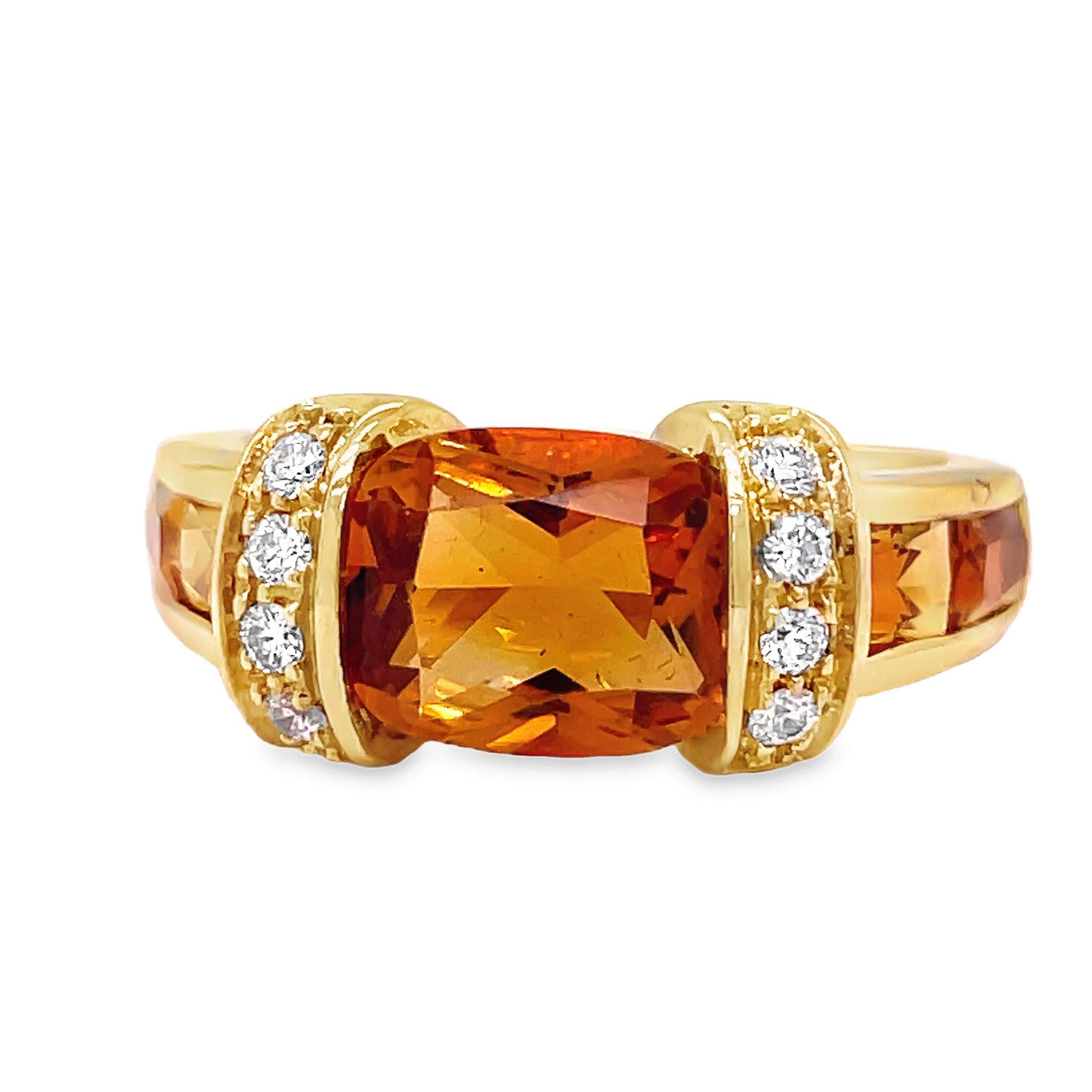 Indulge in the exquisite beauty of this Italian-made 18k yellow gold fashion ring. Adorned with a vibrant citrine and shimmering round diamonds, this stackable piece exudes luxury and sophistication. Elevate any outfit with this one-of-a-kind accessory.