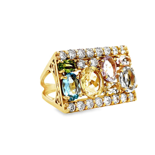 18k Yellow Gold Square Multicolor Fashion Ring Side  view 