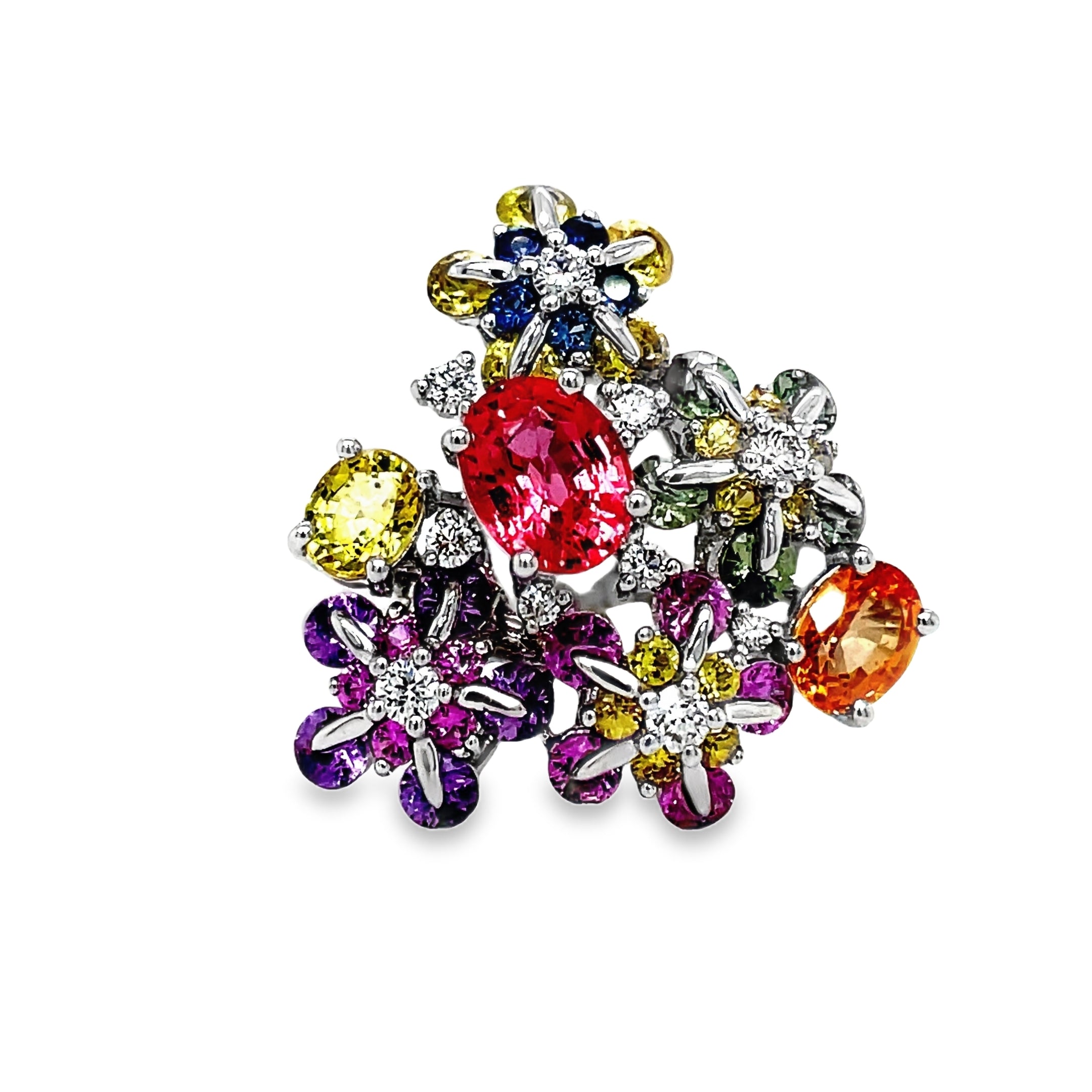 Indulge in the delicate beauty of our Multicolor Sapphire &amp; Diamond Flower Motif Ring. Adorned with 3.22 carats of multicolored sapphire stones and 0.17 carats of round diamonds, this flower-inspired ring exudes elegance and sophistication. Crafted with 18k white gold, it is a true masterpiece of refined luxury.