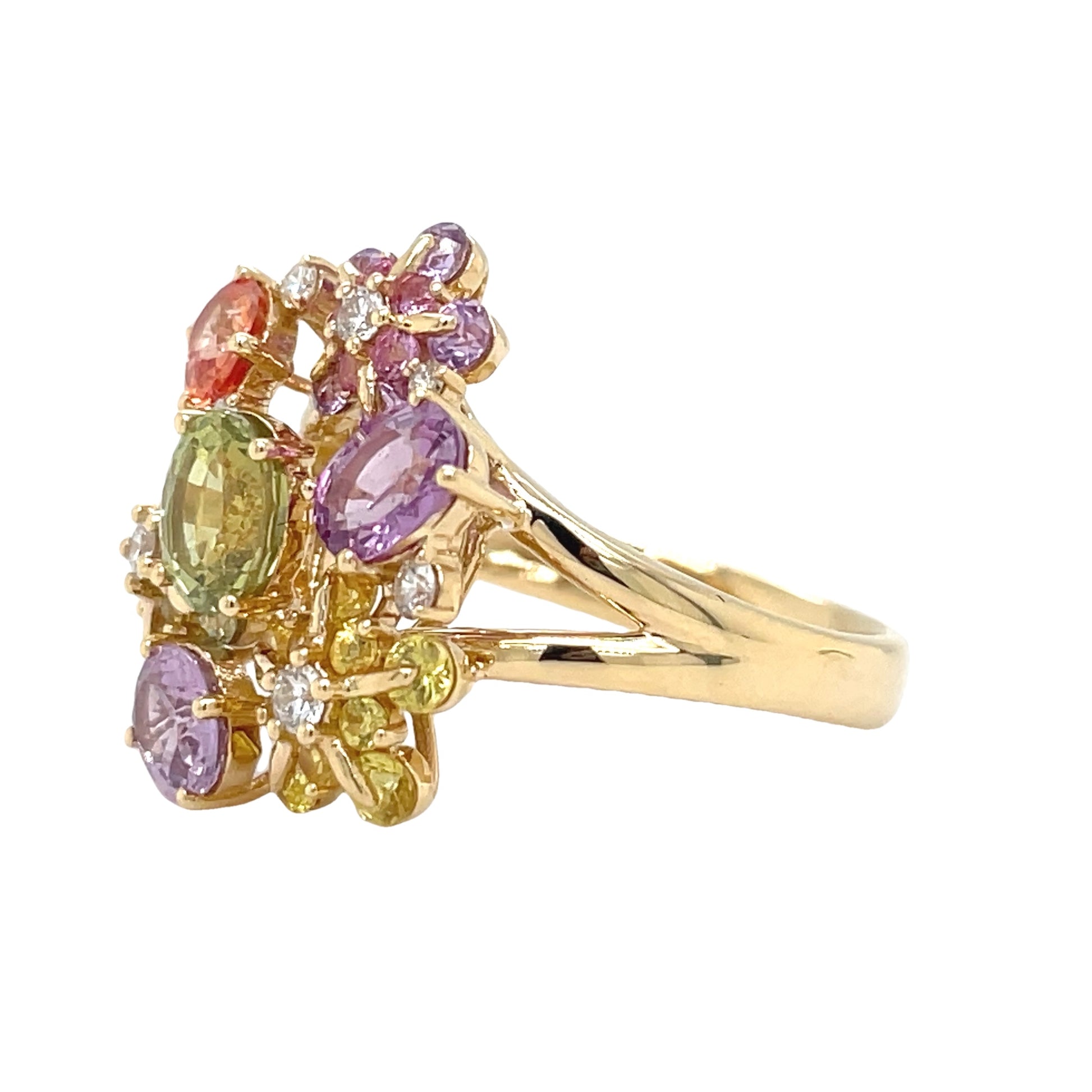 Multicolor Sapphire & Diamond Flower Motif Ring Profile View