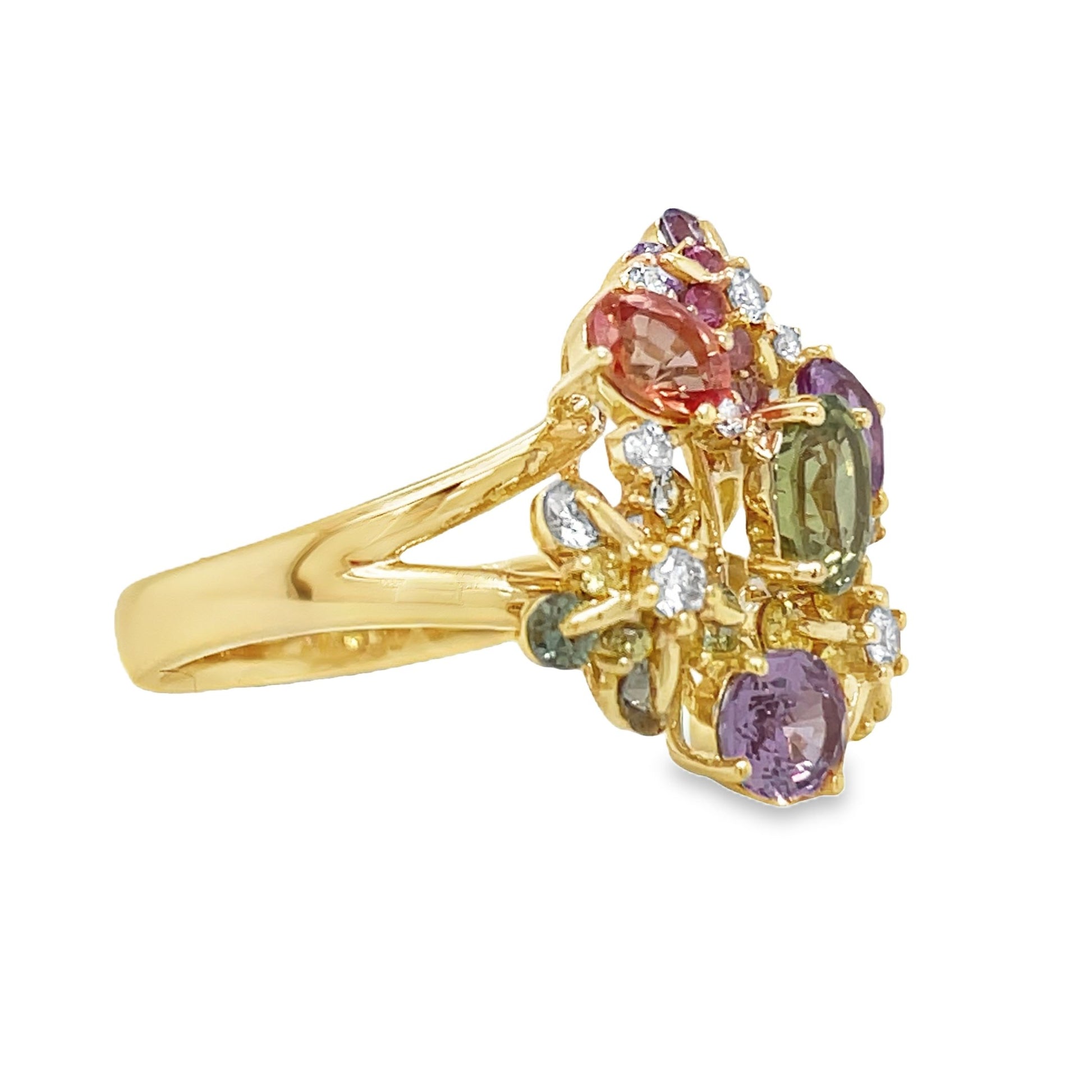 Multicolor Sapphire & Diamond Flower Motif Ring Profile View