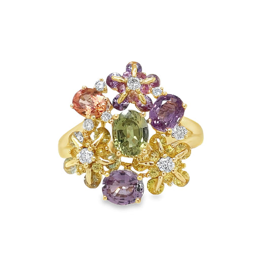 Multicolor Sapphire & Diamond Flower Motif Ring Front view 