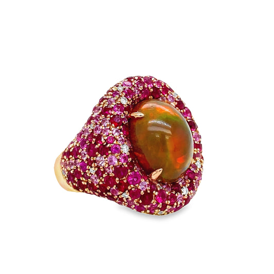 Unique Style Opal Cabochon, Faceted Rubies & Diamond Dome Ring Side view 