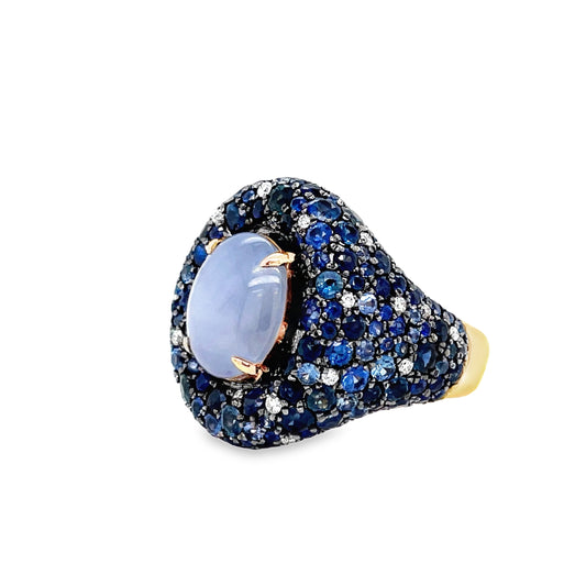 Unique Style Sapphire Cabochon, Faceted Sapphire & Diamond Dome ring Side view 
