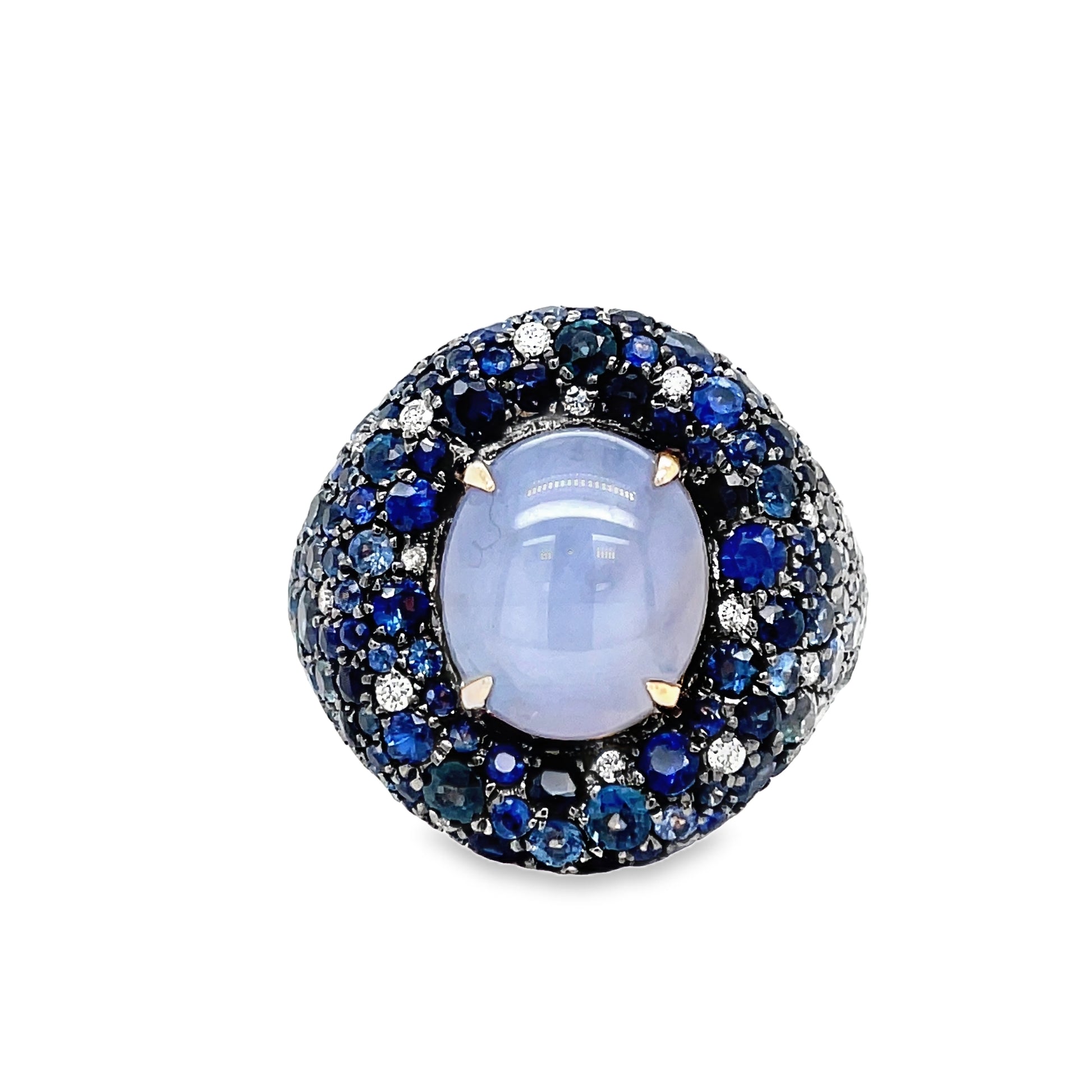 Unique Style Sapphire Cabochon, Faceted Sapphire & Diamond Dome ring Front view