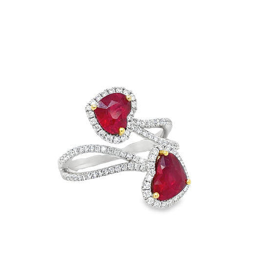 Heart Shape Rubies and Diamond Crossover Ring Front view 