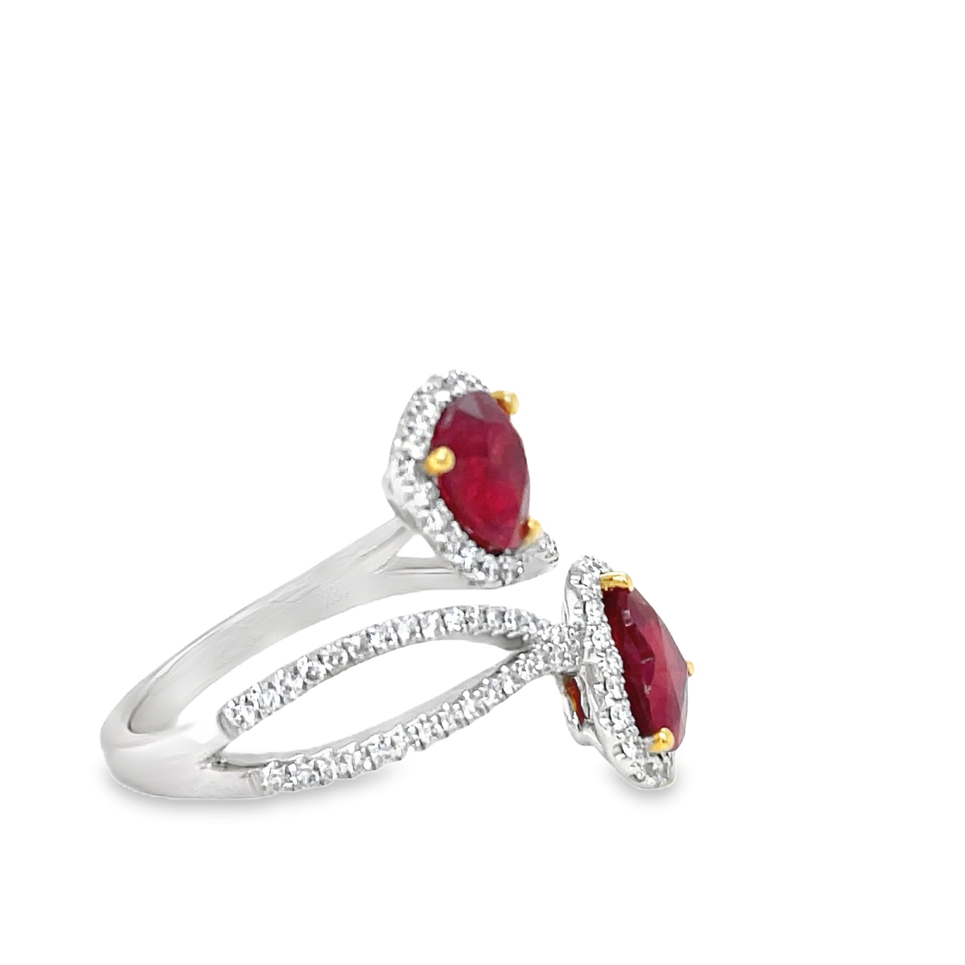 Heart Shape Rubies and Diamond Crossover Ring Side view 