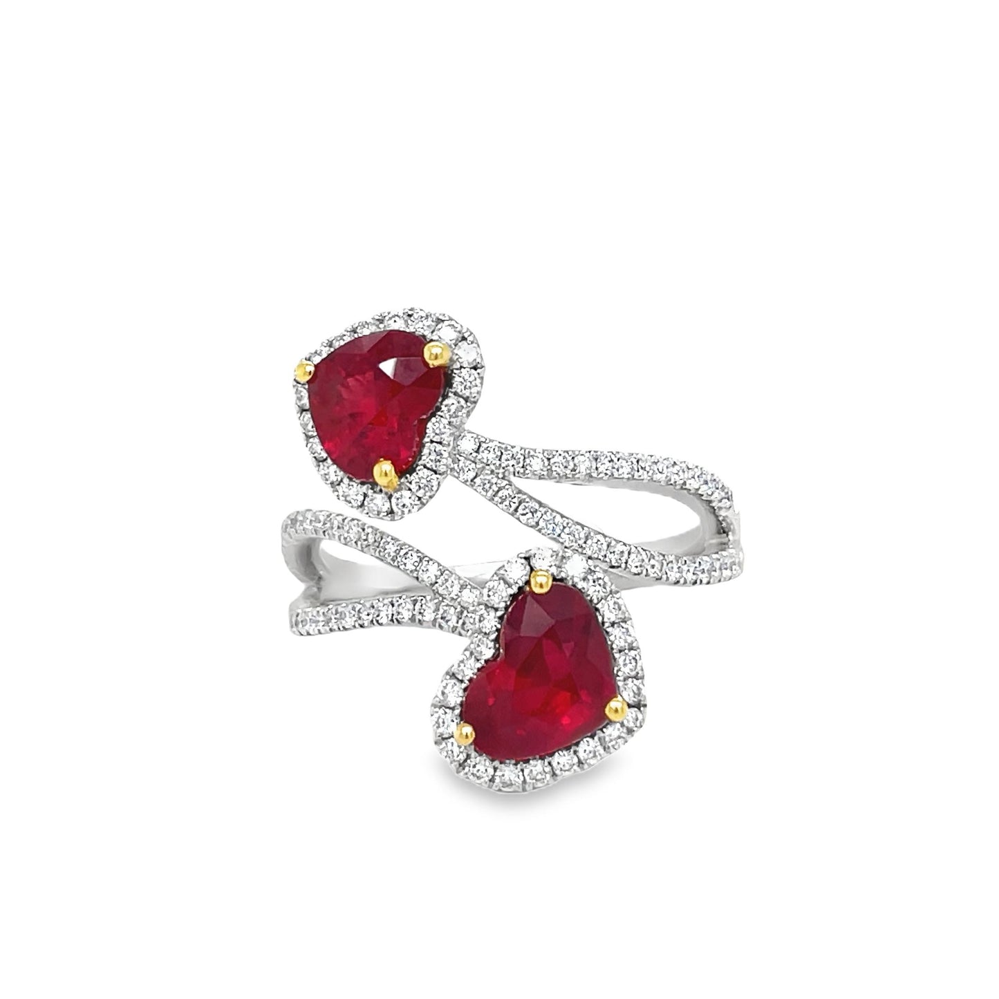 Heart Shape Rubies and Diamond Crossover Ring Front view 