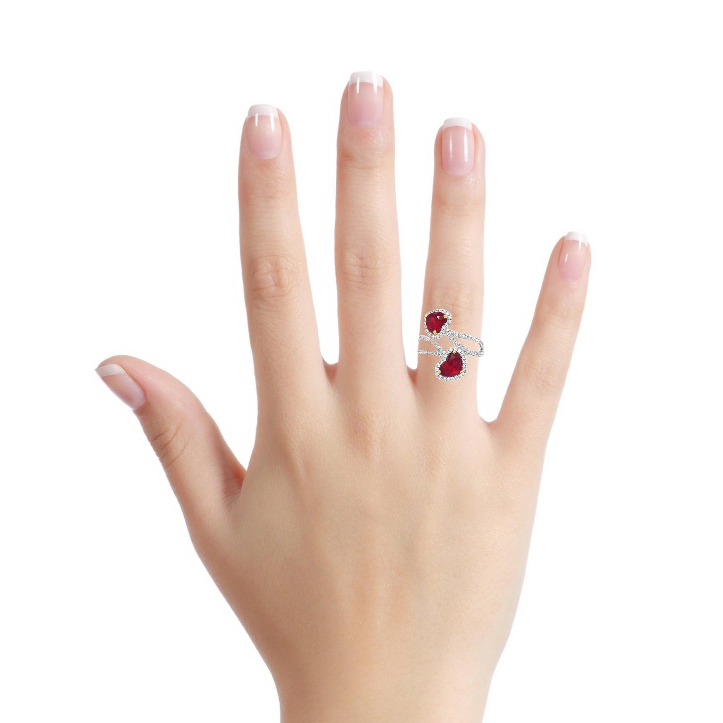 Heart Shape Rubies and Diamond Crossover Ring Try on View