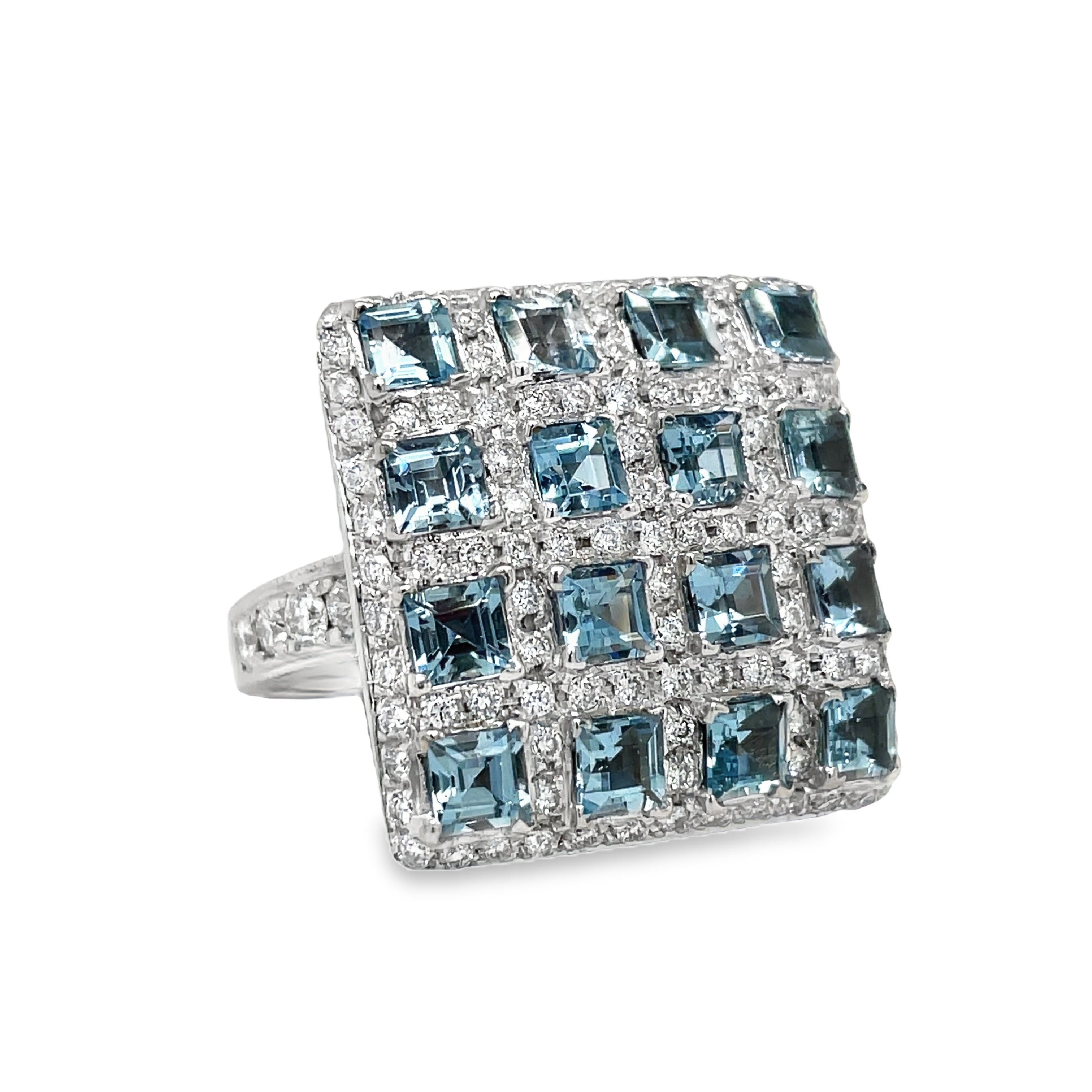 Introducing our Italian-made Aquamarine and Diamond Fashion Ring. Hand-engraved with a square design, this ring radiates luxury and sophistication. Crafted with 18k white gold, a 2.20 carat cushion-cut aquamarine and 1.49 carats of sparkling round diamonds, this piece is a masterpiece of elegance. Elevate your style with this exclusive and timeless ring.