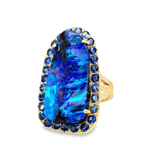Hand Made Large Australian Black Opal and Sapphire Ring Side view 