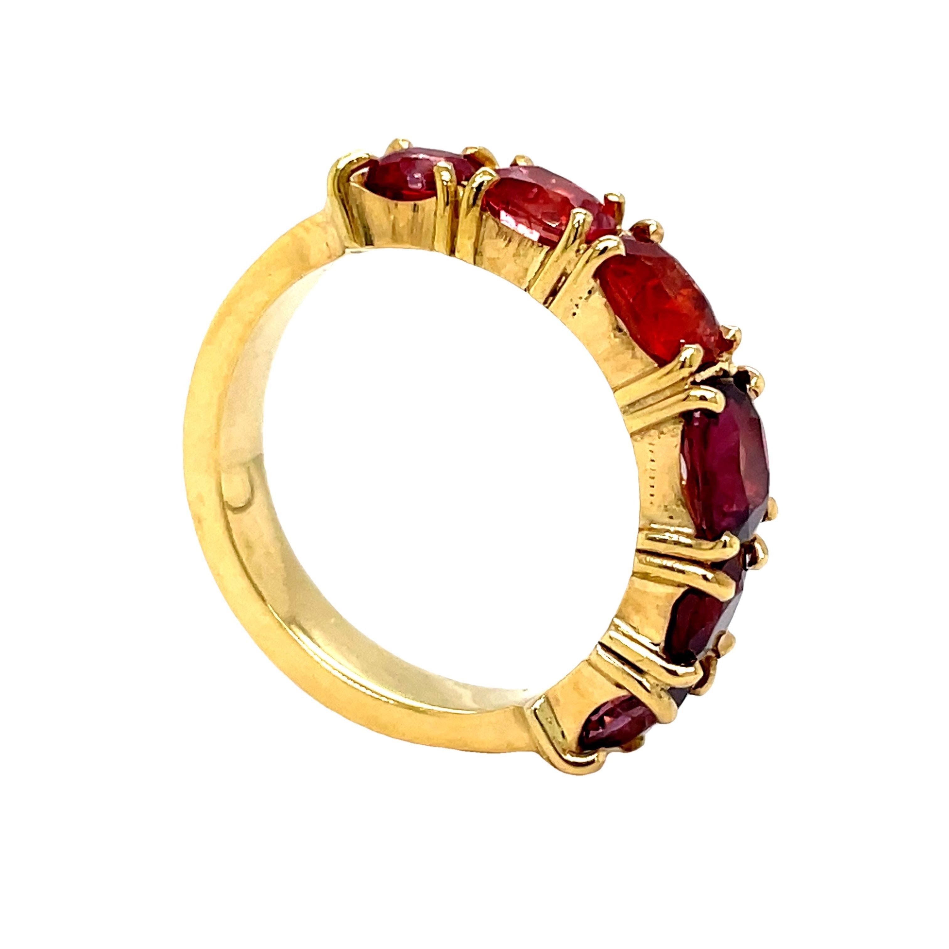 ndulge in the ultimate luxury with our Multicolor Sapphire Band Ring. Crafted from 18k yellow gold, this exclusive piece boasts 6 stunning multi-colored sapphire stones, set in exquisite anniversary bands. Elevate any look with this sophisticated and elegant addition to your jewelry collection.