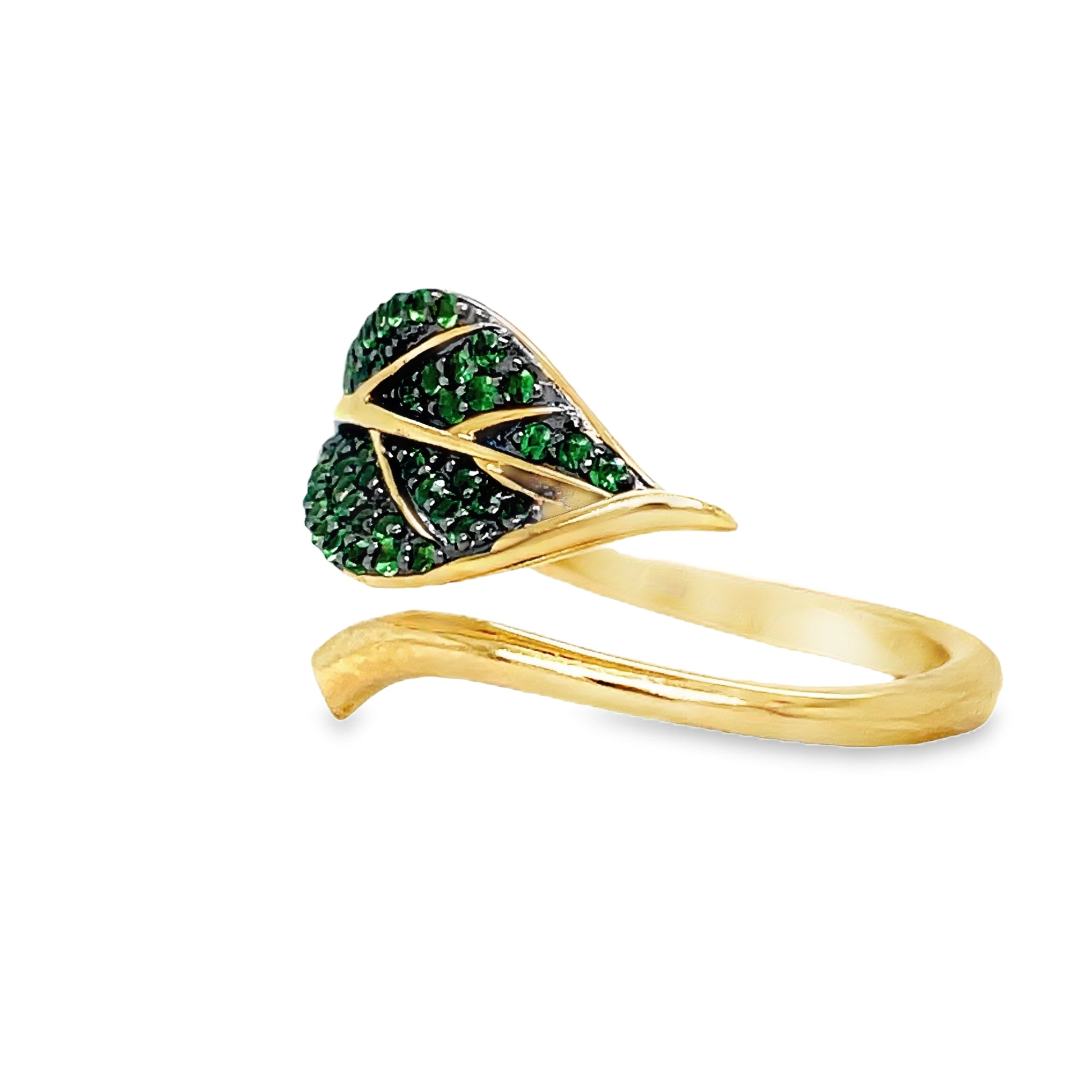 Side view of 14k Yellow Gold Tsavorite and Diamond Leaf Ring