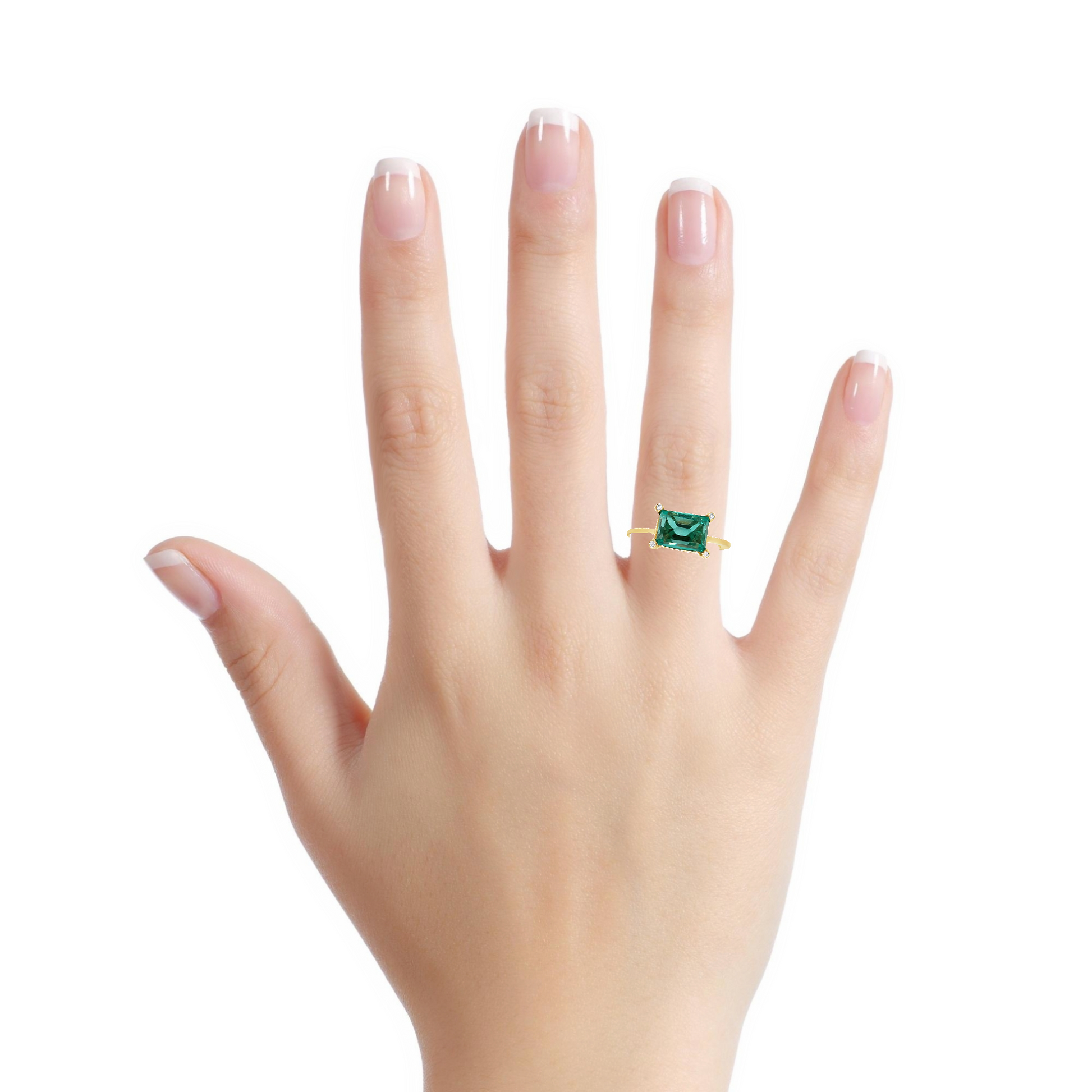 Horizontal Emerald Cut Emerald Diamond Ring Try on View