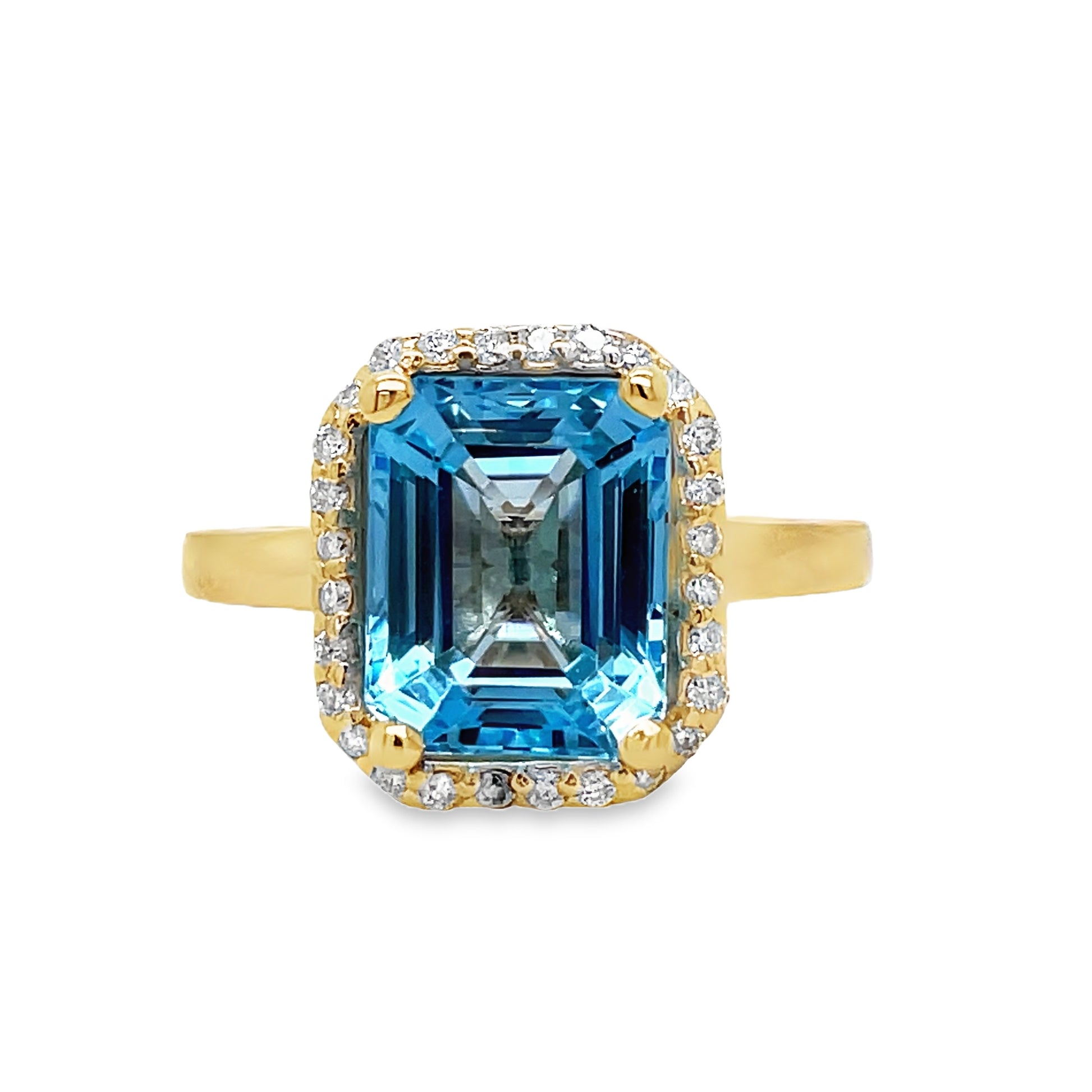 Emerald Cut Blue Topaz Diamond Halo Ring Front View