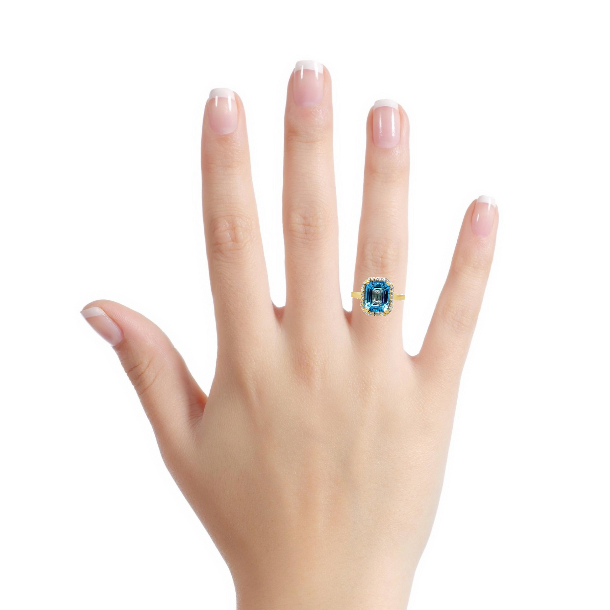 Emerald Cut Blue Topaz Diamond Halo Ring Try on View