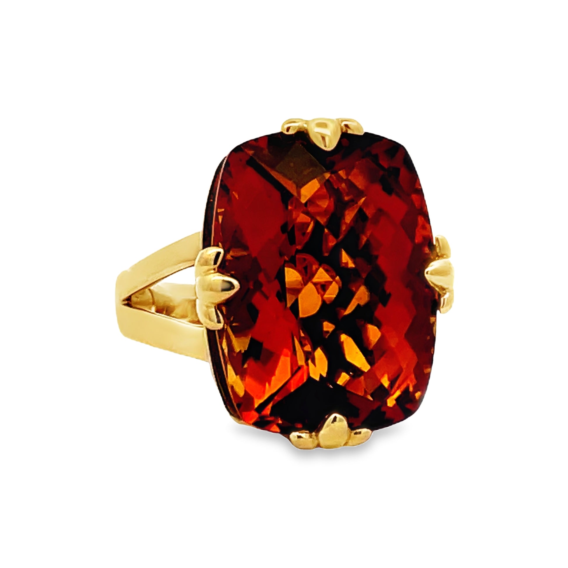 Side view of Large Square Citrine Gem Yellow Gold Ring 