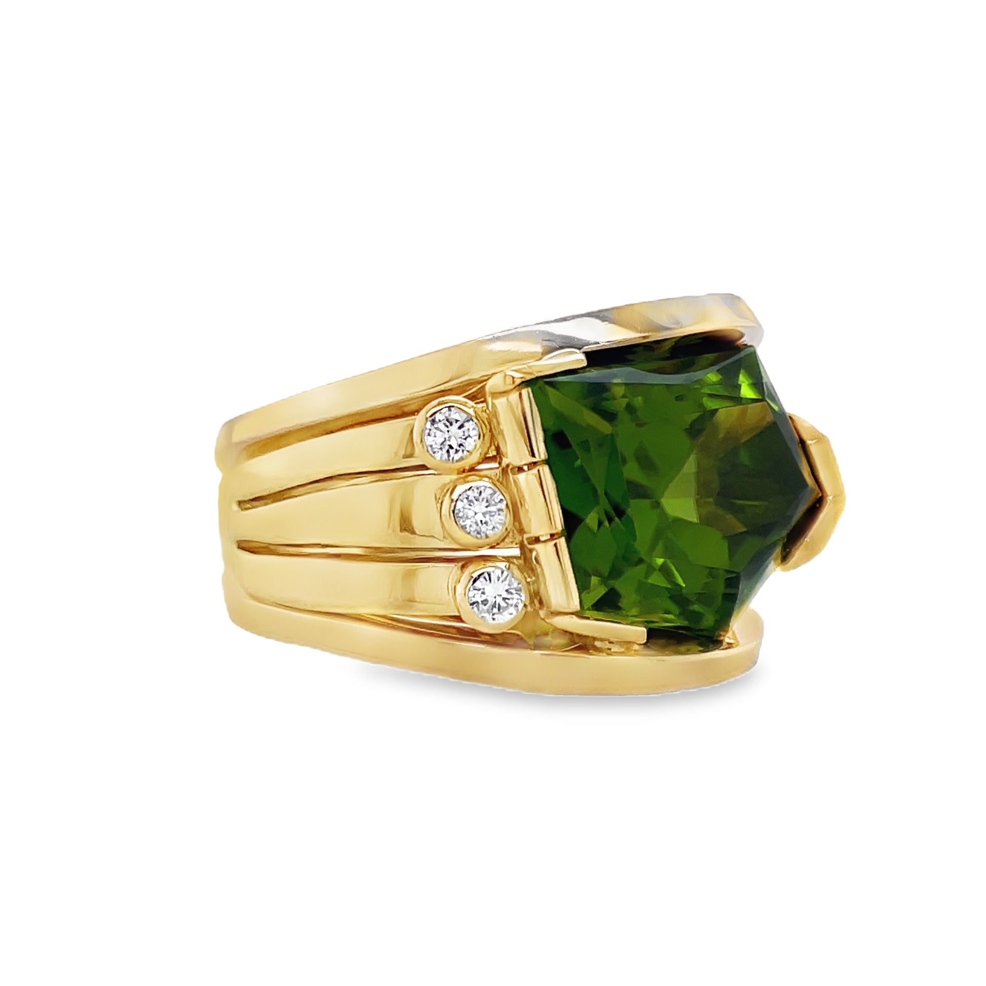 Side View of Geometrical Peridot and Diamond Ring