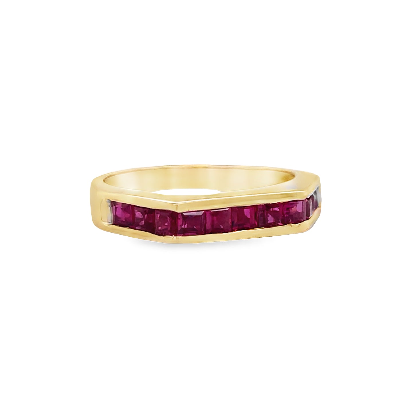 Side view of 18k Yellow Gold Estate Stackable Ruby Ring