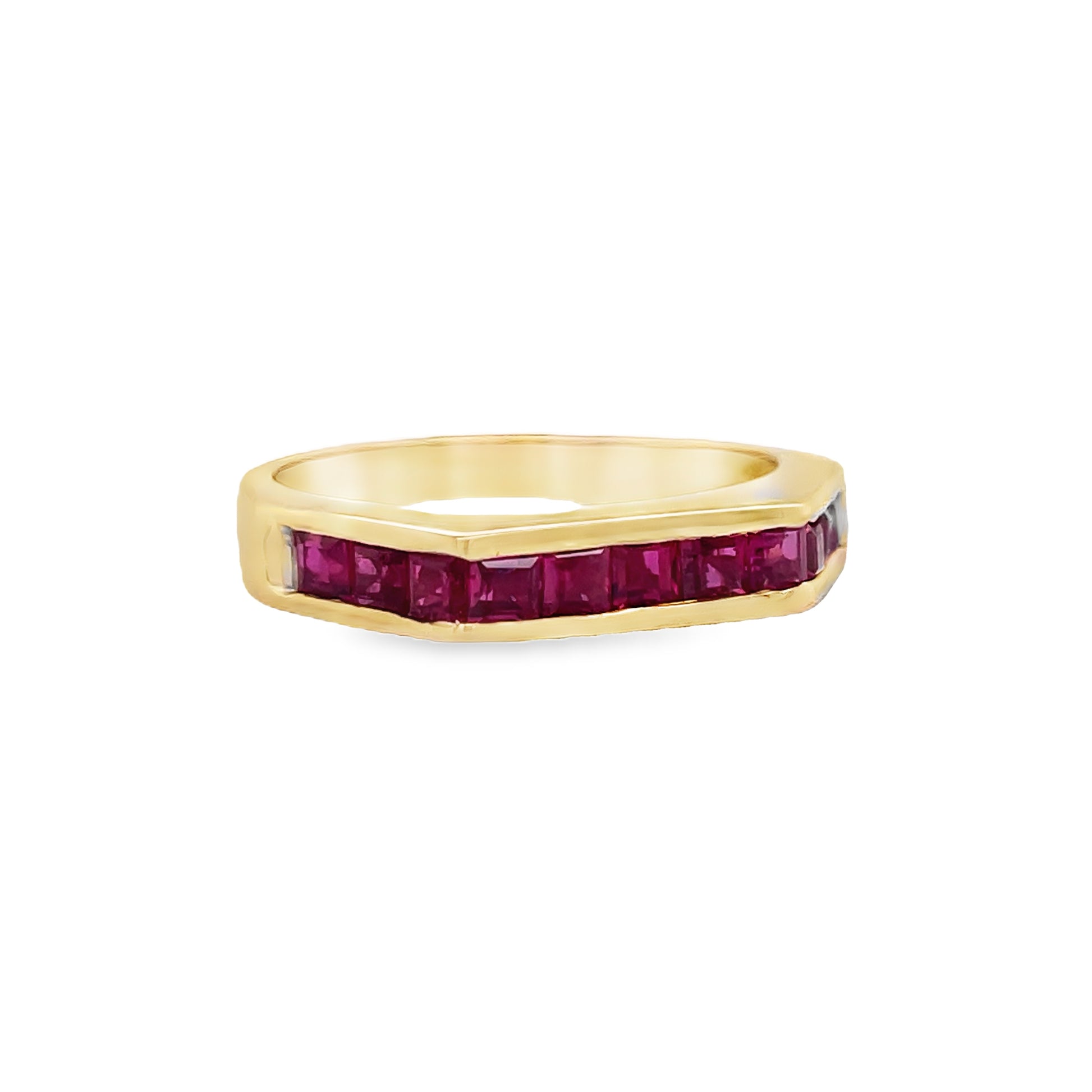 Side view of 18k Yellow Gold Estate Stackable Ruby Ring