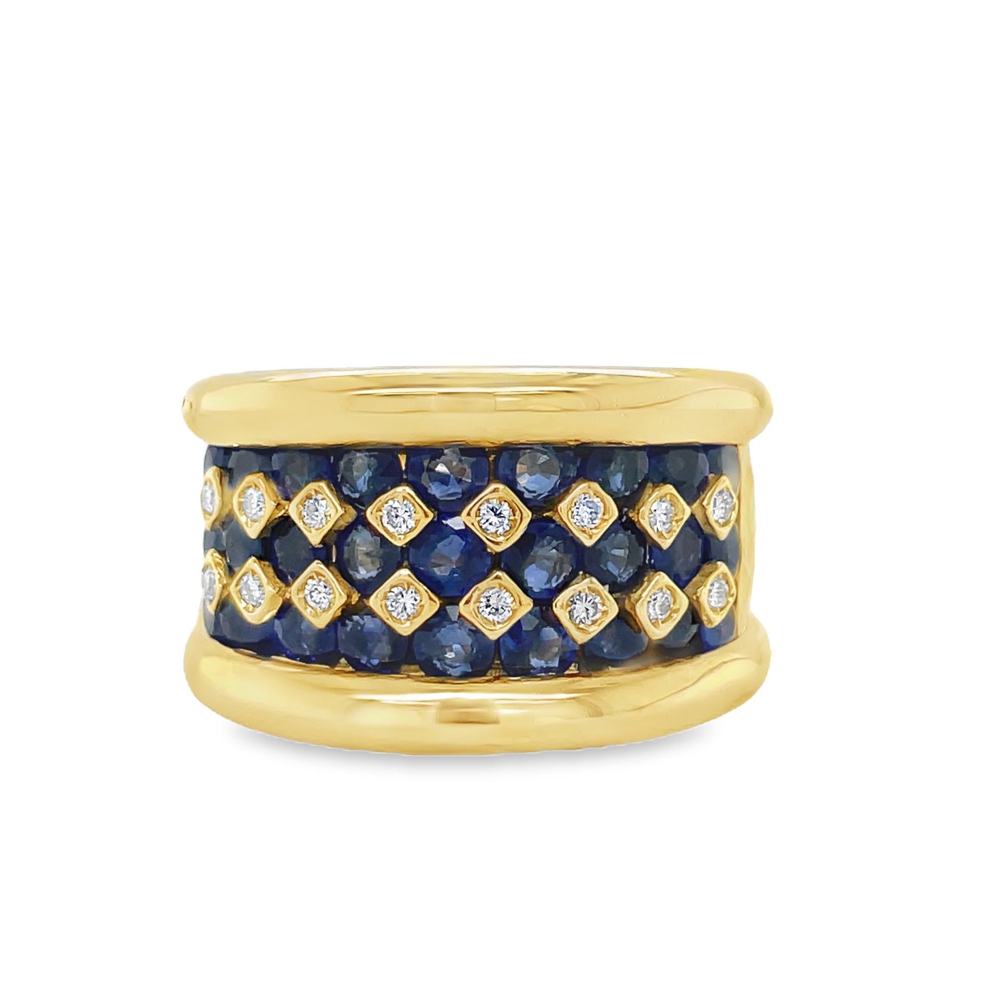 Front View of Italian Sapphire and Diamond Wide Yellow Ring