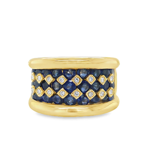 Front View of Italian Sapphire and Diamond Wide Yellow Ring