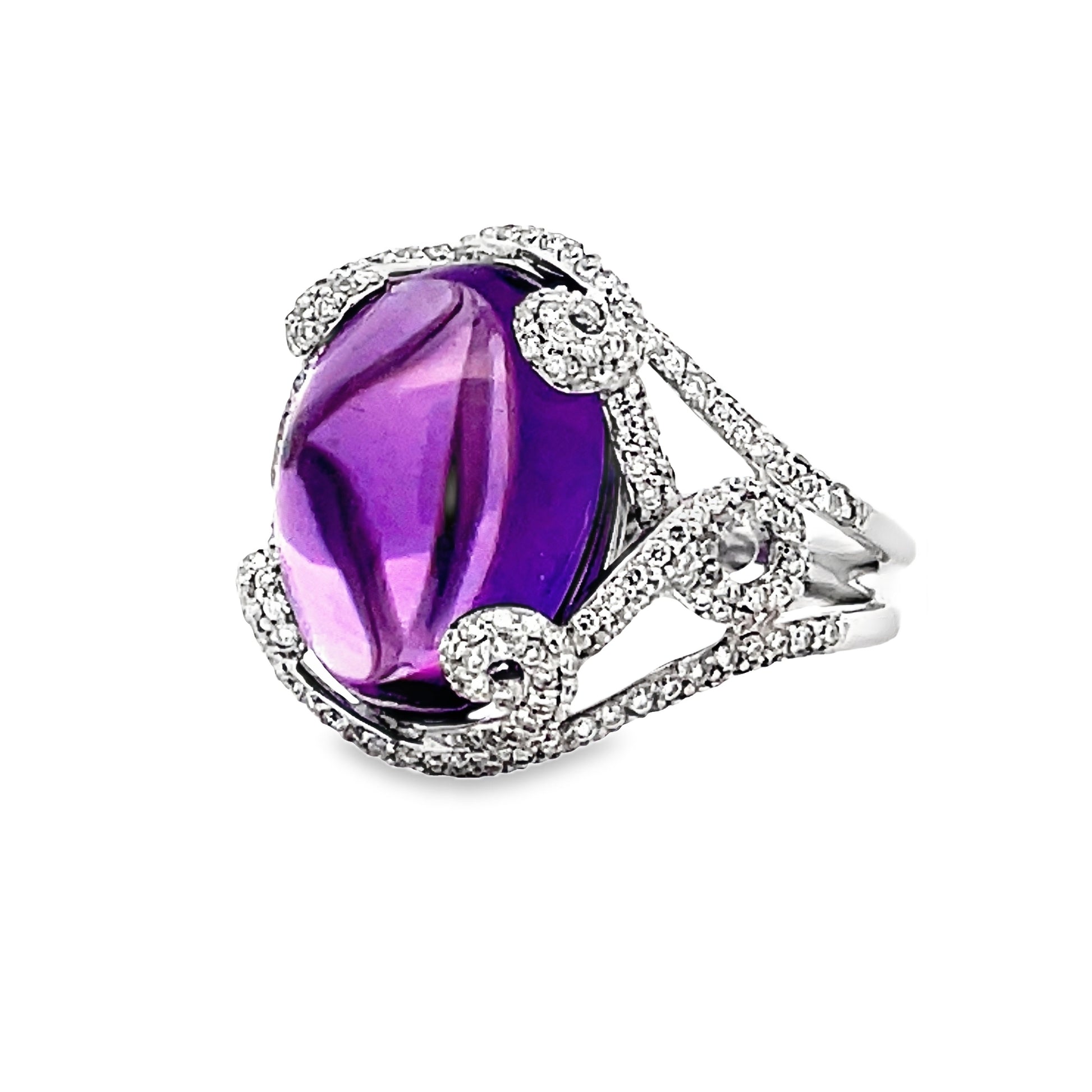 Side view of Amethyst Cabochon and Diamond Ornate Ring