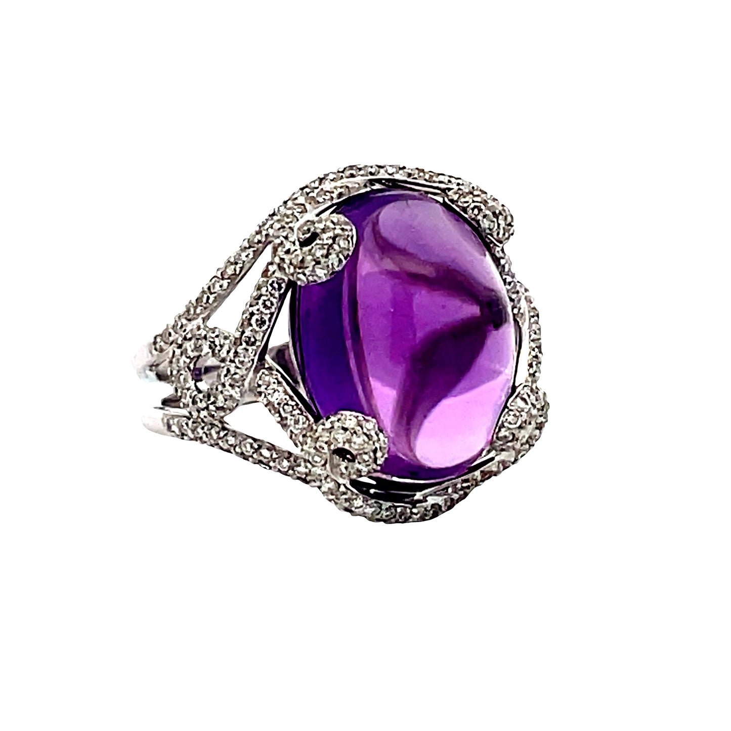 Side view of Amethyst Cabochon and Diamond Ornate Ring