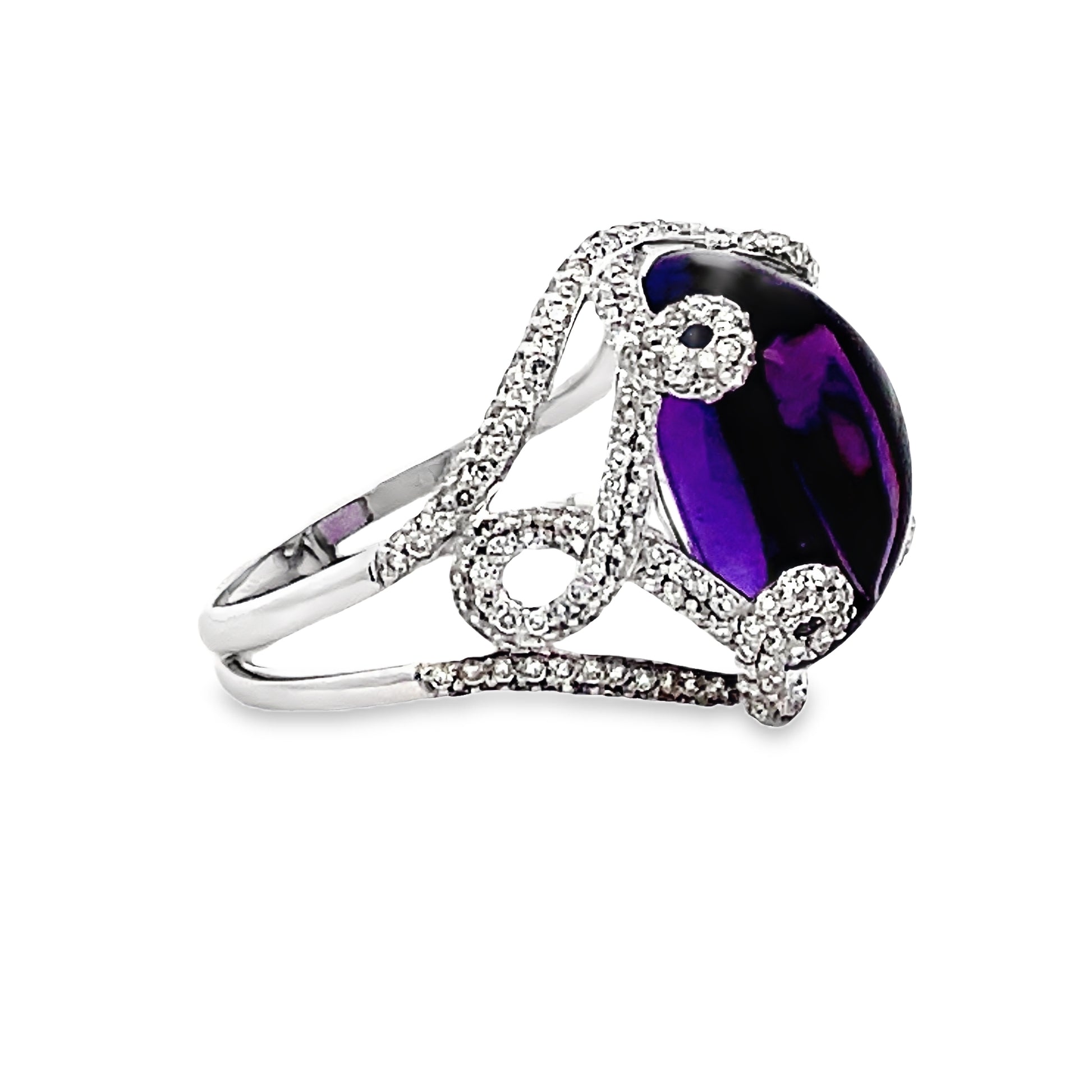 Profile view of Amethyst Cabochon and Diamond Ornate Ring