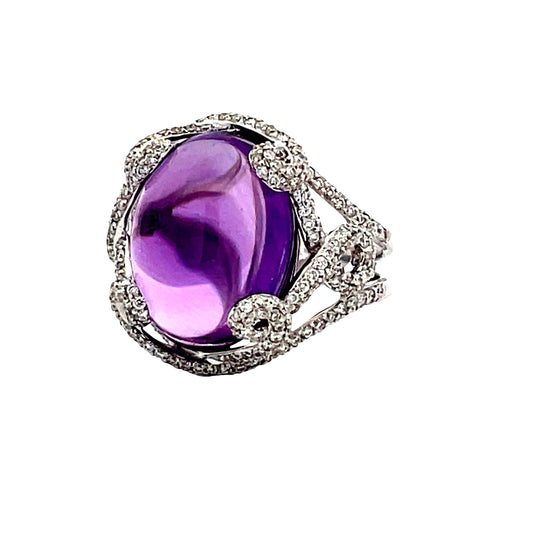 Front view of Amethyst Cabochon and Diamond Ornate Ring