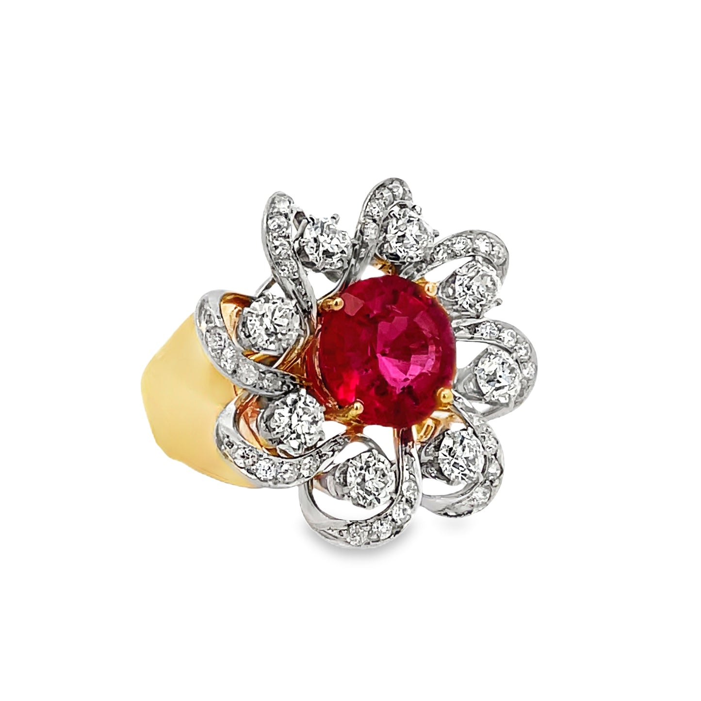 1Side view of 14k Yellow Gold Estate Two Tone Ruby and Diamond Flower Design Ring 