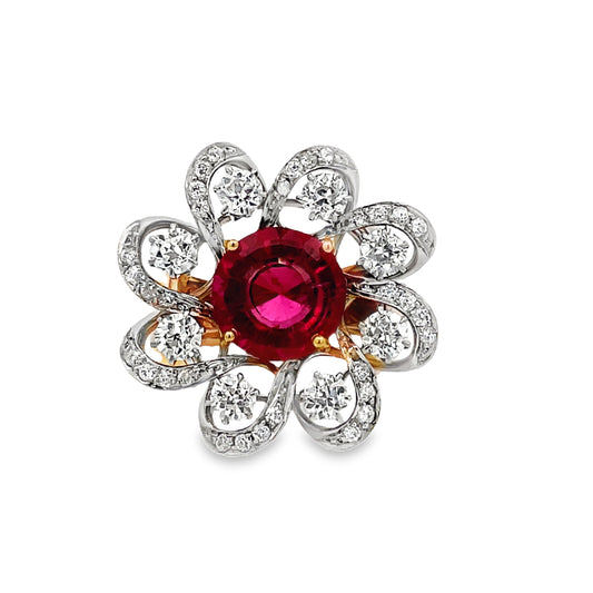 Front view of 14k Yellow Gold Estate Two Tone Ruby and Diamond Flower Design Ring 