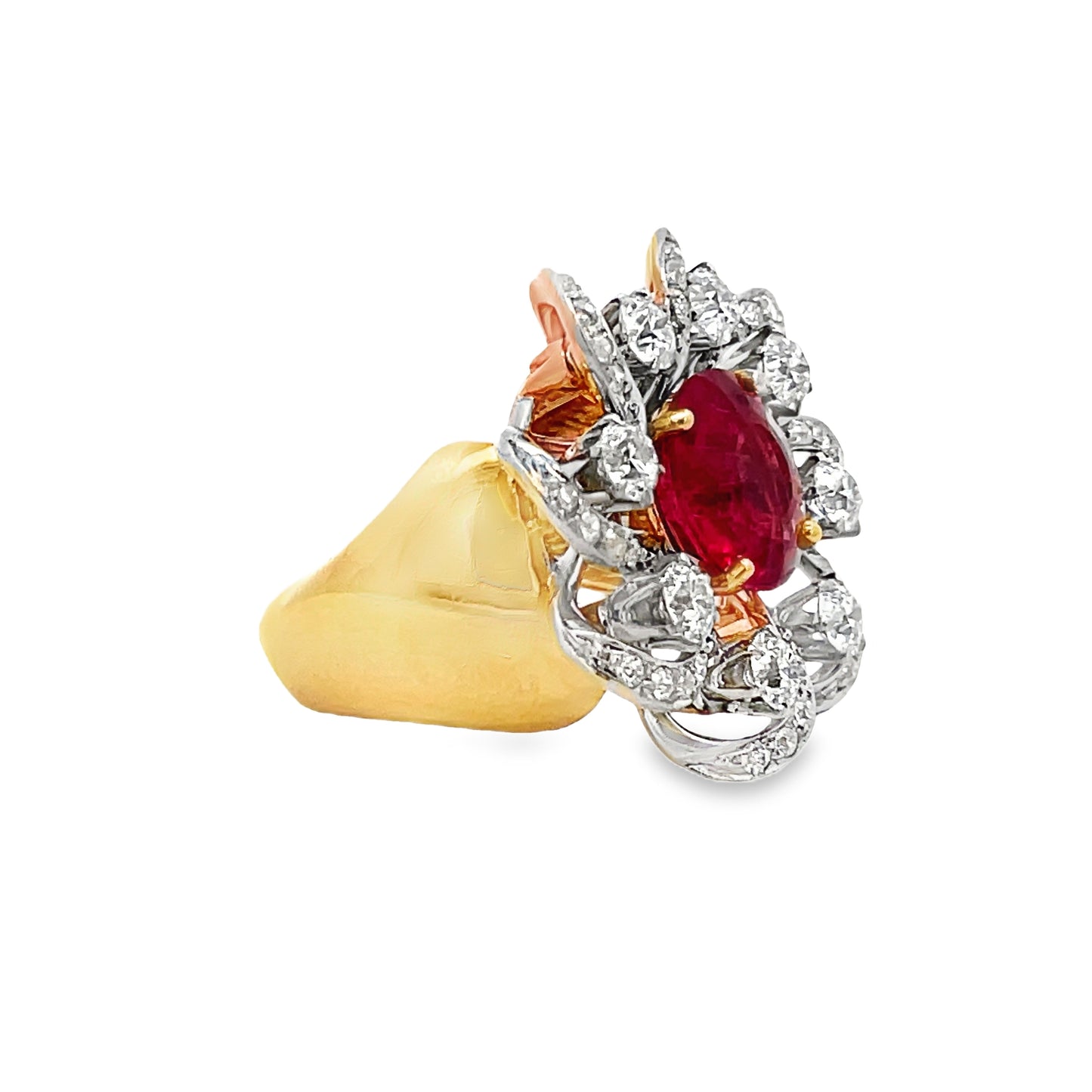 Side view of 14k Yellow Gold Estate Two Tone Ruby and Diamond Flower Design Ring 